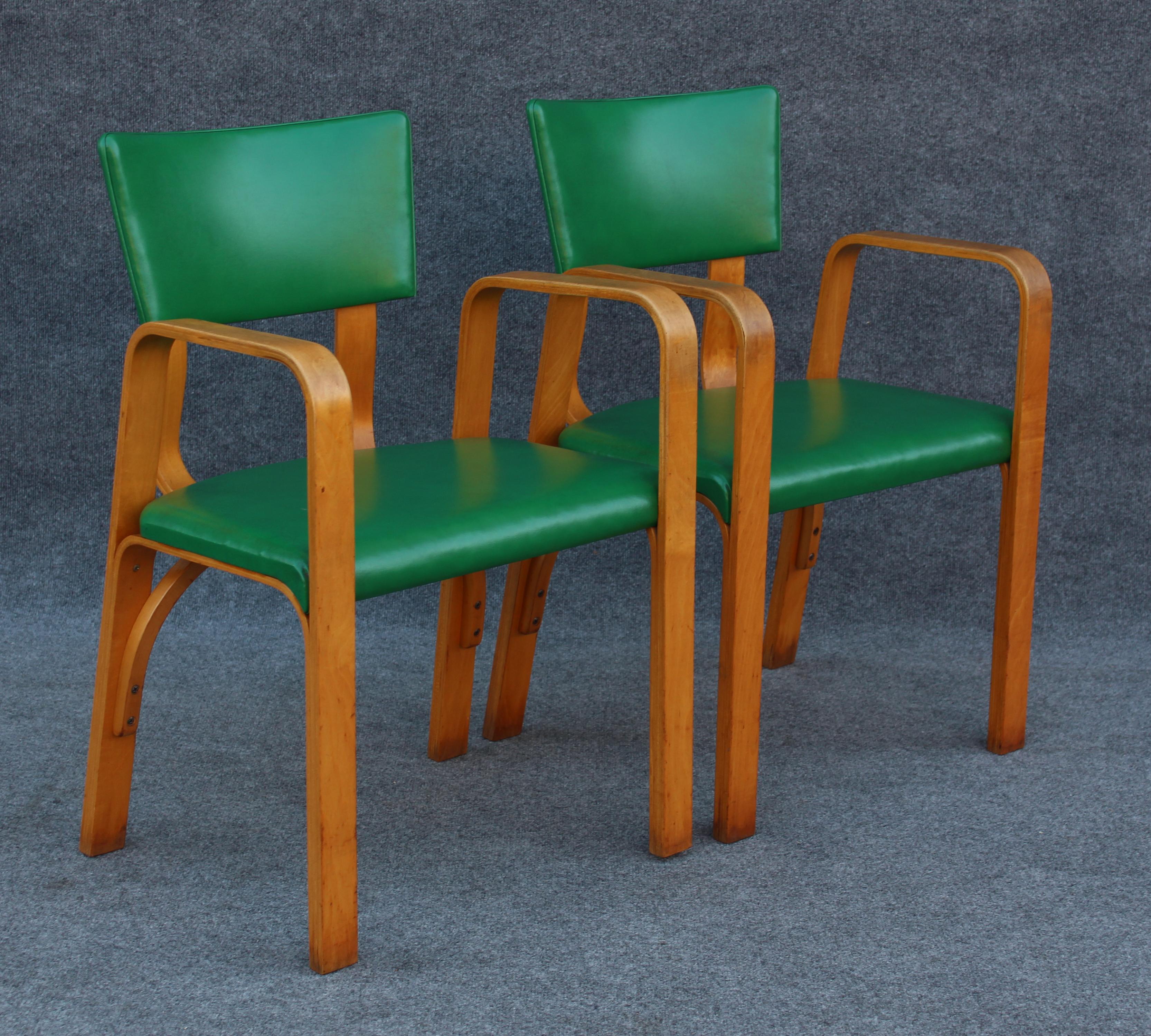 American Set of 10 Bent Maple Plywood & Green Armchairs or Dining Chairs by Thonet NYC For Sale