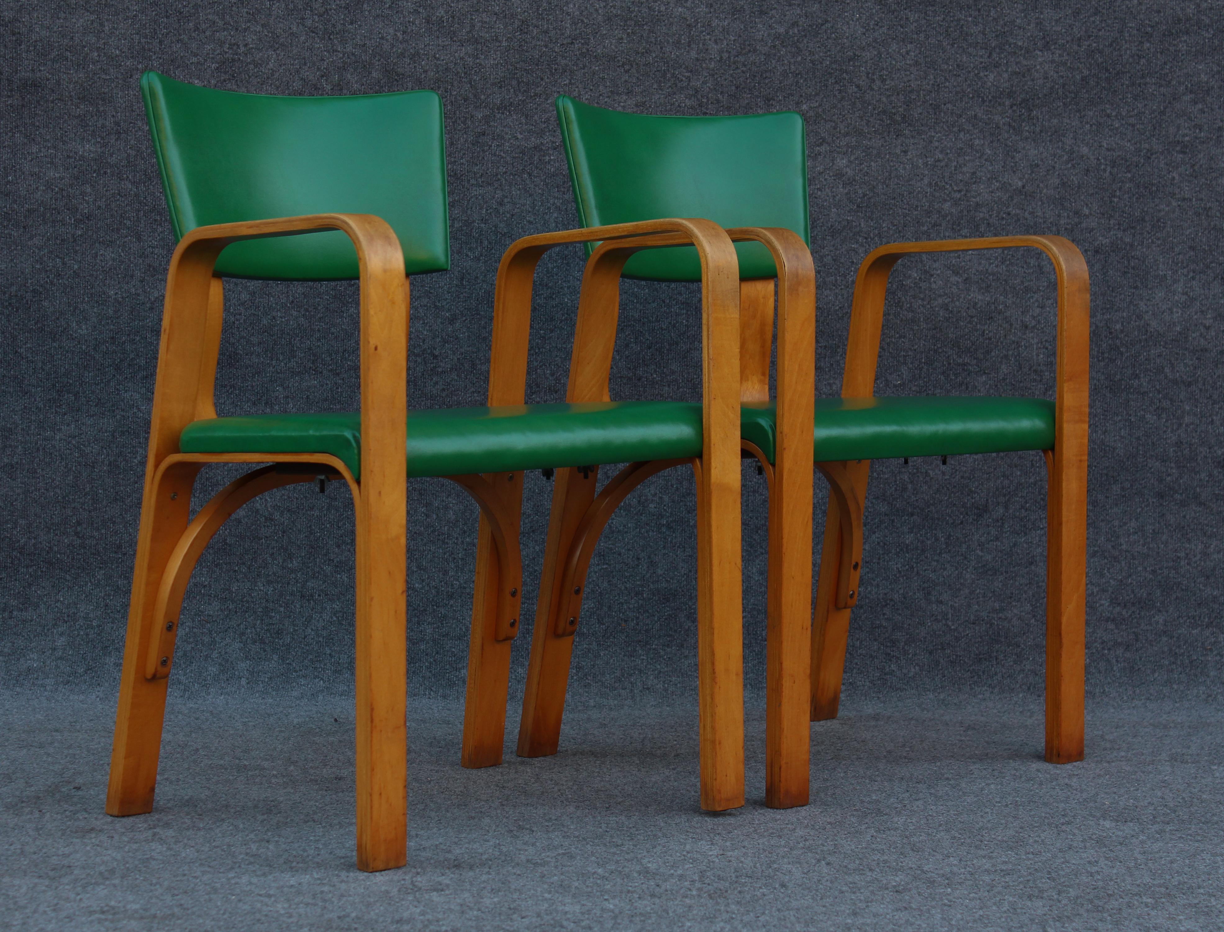 Mid-20th Century Set of 10 Bent Maple Plywood & Green Armchairs or Dining Chairs by Thonet NYC For Sale