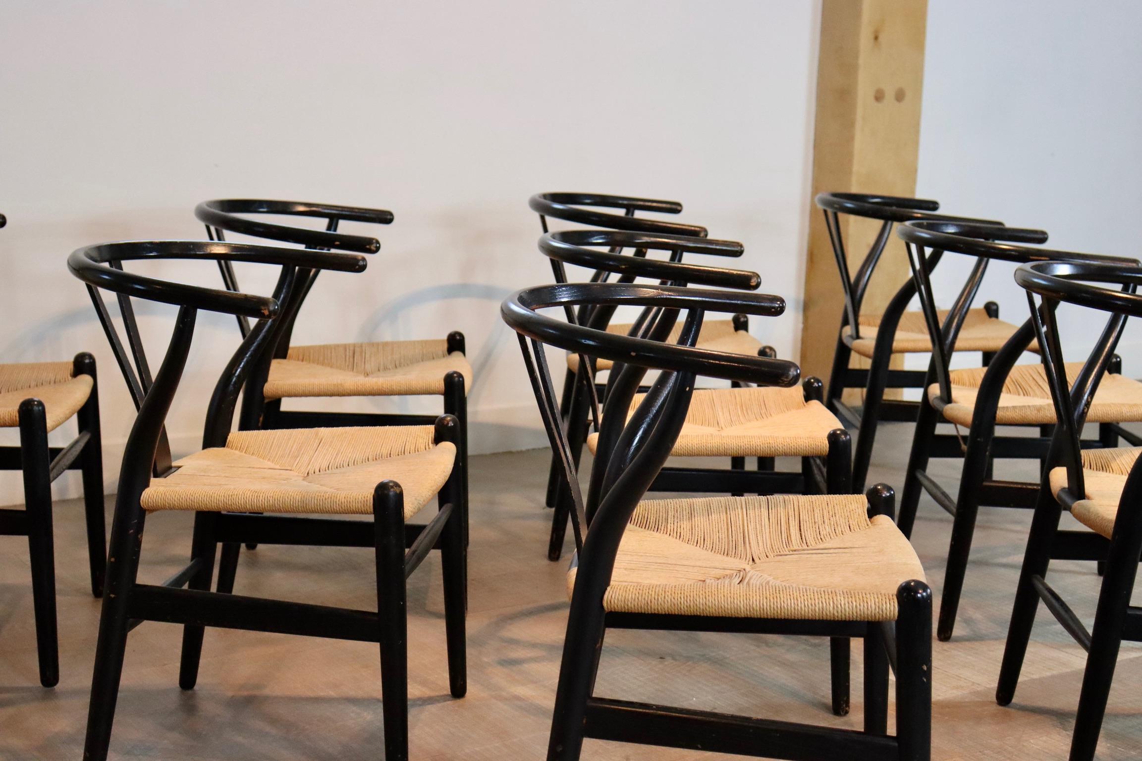 Woven Set of 10 Black Frame CH24 Wishbone Chairs by Hans J. Wegner for Carl Hansen 60s