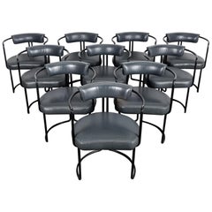 Set of 10 Black Lacquered 1970s Metal Dining Chairs with Original Grey Leather Set of 10 Black Lacquered 1970s Metal Dining Chairs with Original Grey Leather