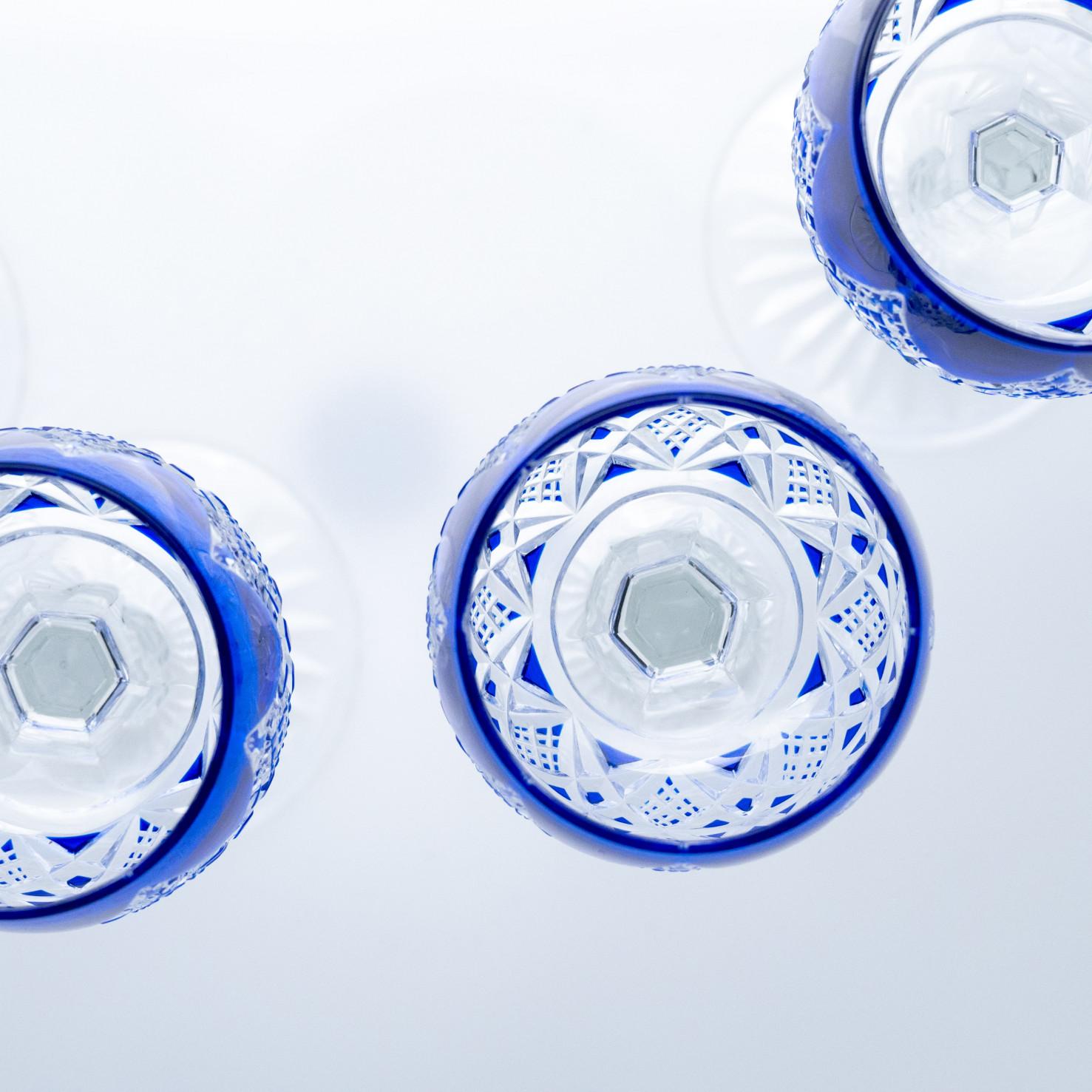 Hand-Painted Set of 10 Blue Baccarat Crystal glasses, France For Sale