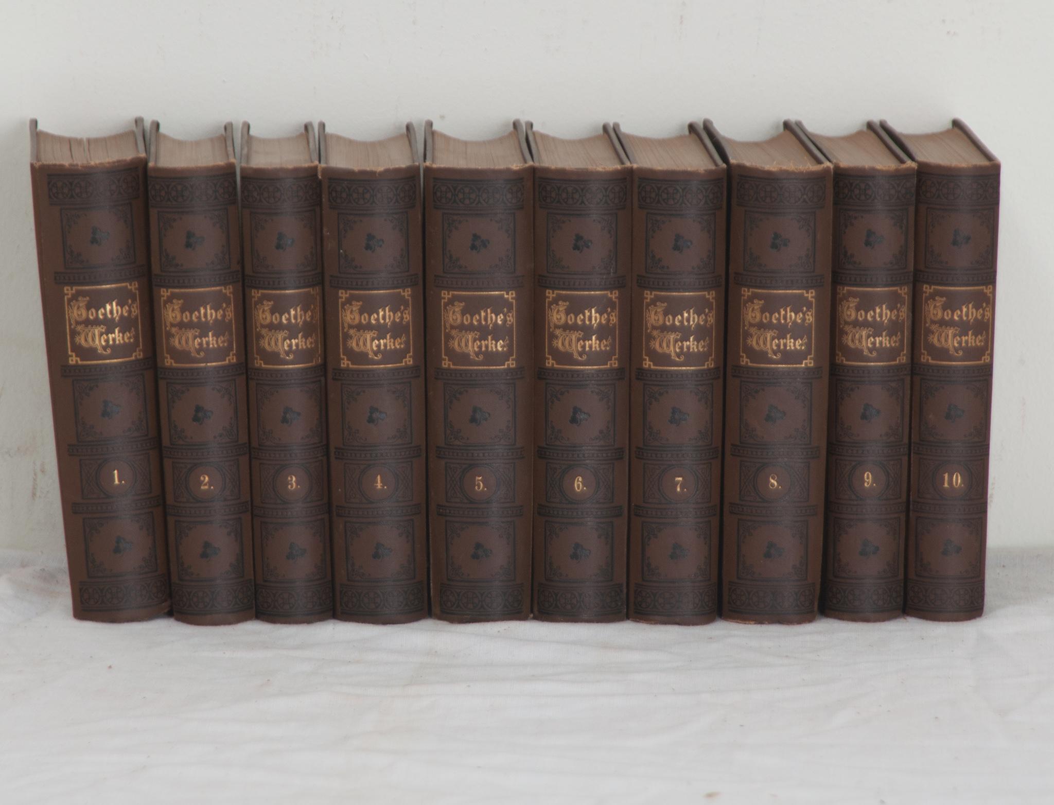 A collection of ten volumes of poetry by German playwright and poet Johann Wolfgang von Goethe. This set of Goethe’s Werkes is bound in pressed fabric with gold lettering. The pages have signs of discoloration, make sure to view the detailed images