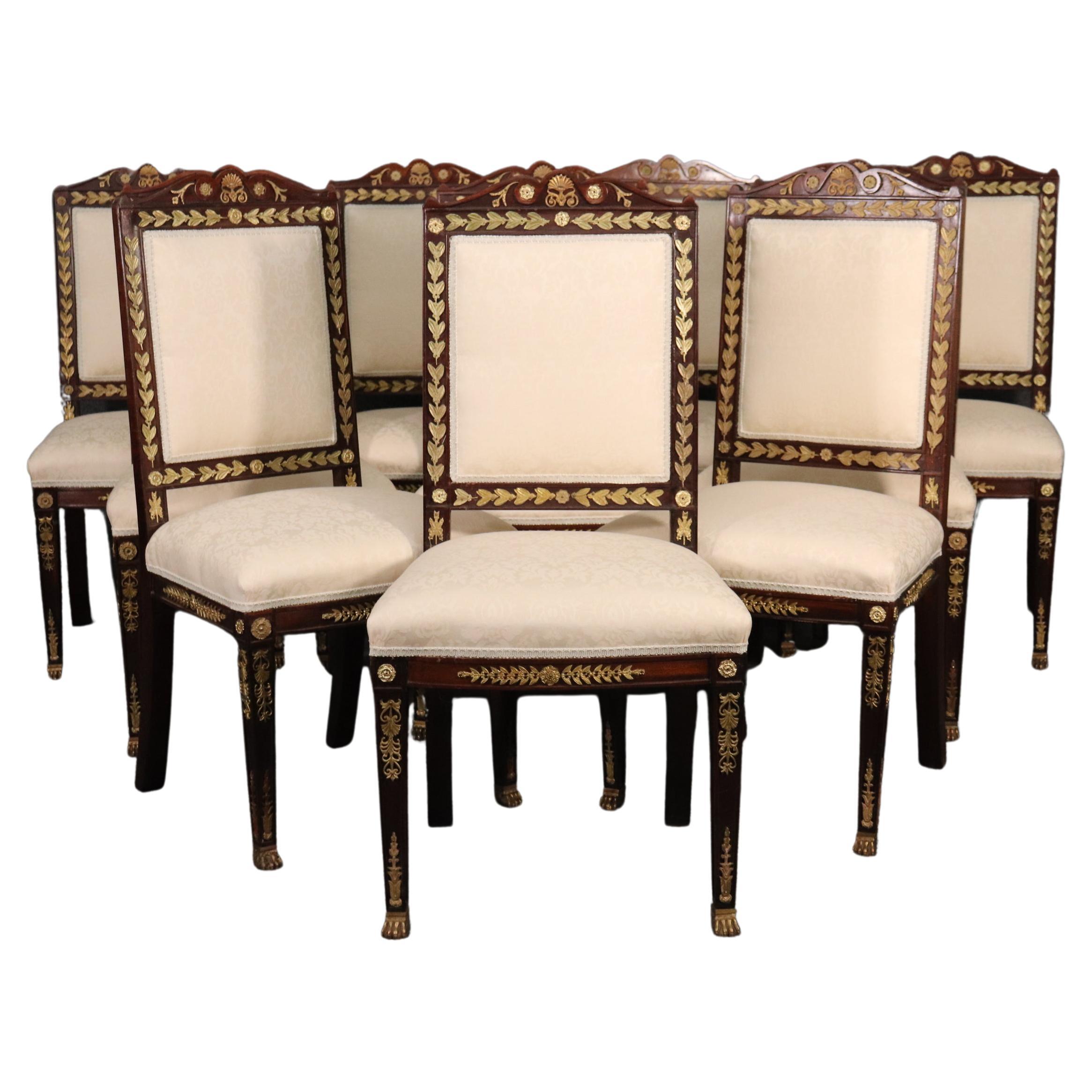 Set of 10 Bronze Mounted Walnut French Empire Dining Chairs Circa 1950s