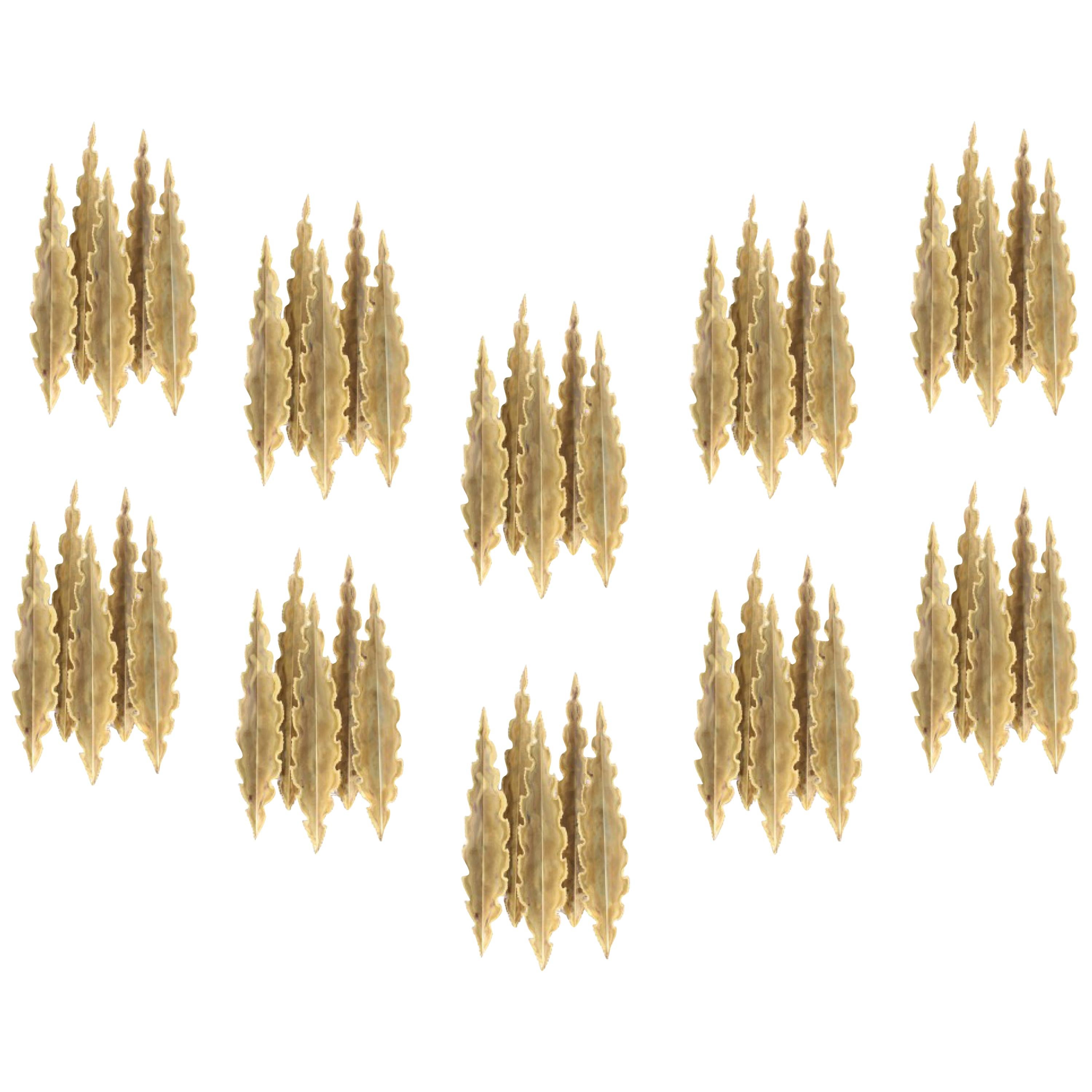 Set of 10 Brutalist Wall Sconces in Brass by Holm Sorensen, 1960s