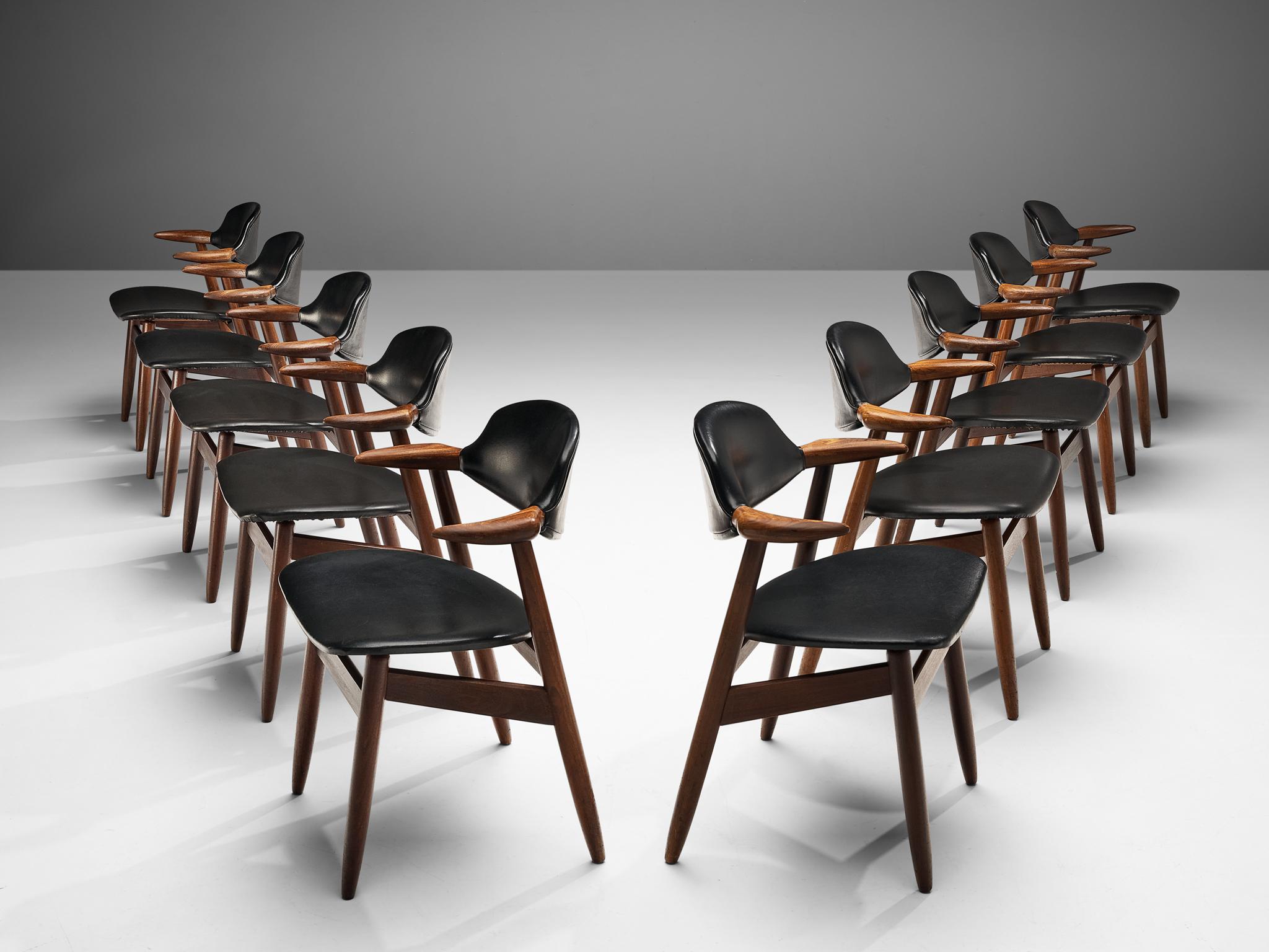 Mid-20th Century Set of 10 ‘Bullhorn’ Dining Chairs in Teak and Faux Leather