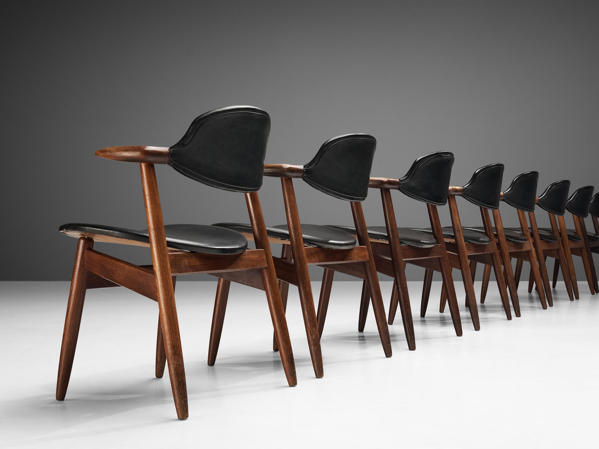 Set of 10 ‘Bullhorn’ Dining Chairs in Teak and Faux Leather 2