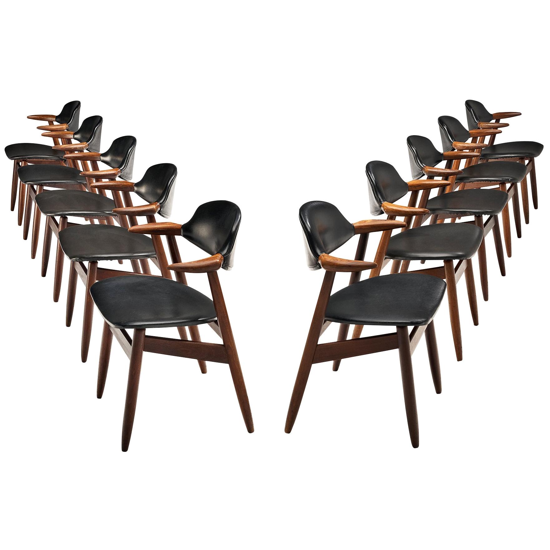 Set of 10 ‘Bullhorn’ Dining Chairs in Teak and Faux Leather