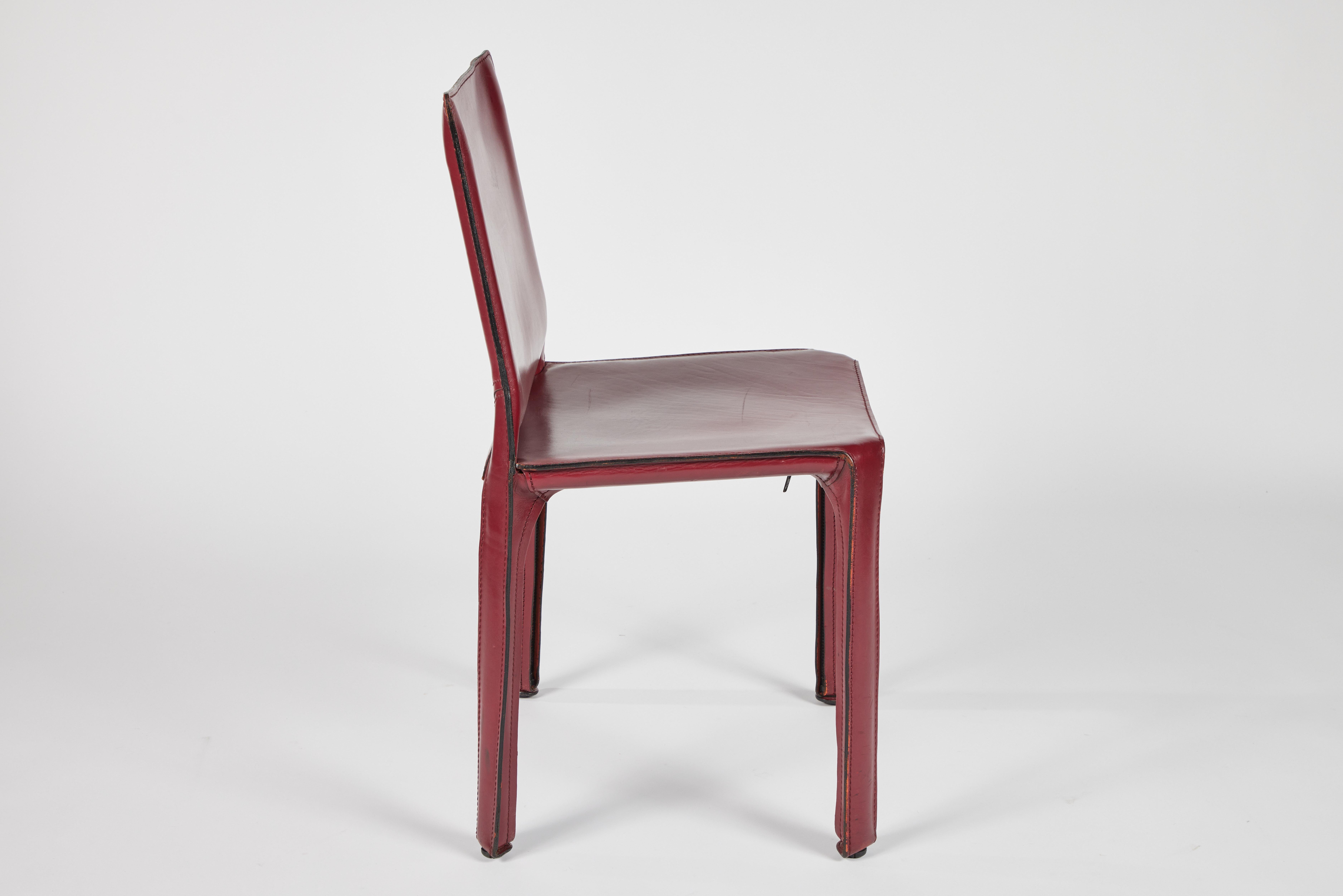 Set of 10 Burgundy Cab Dining Chairs by Mario Bellini for Cassina, 1977 In Good Condition In Chicago, IL