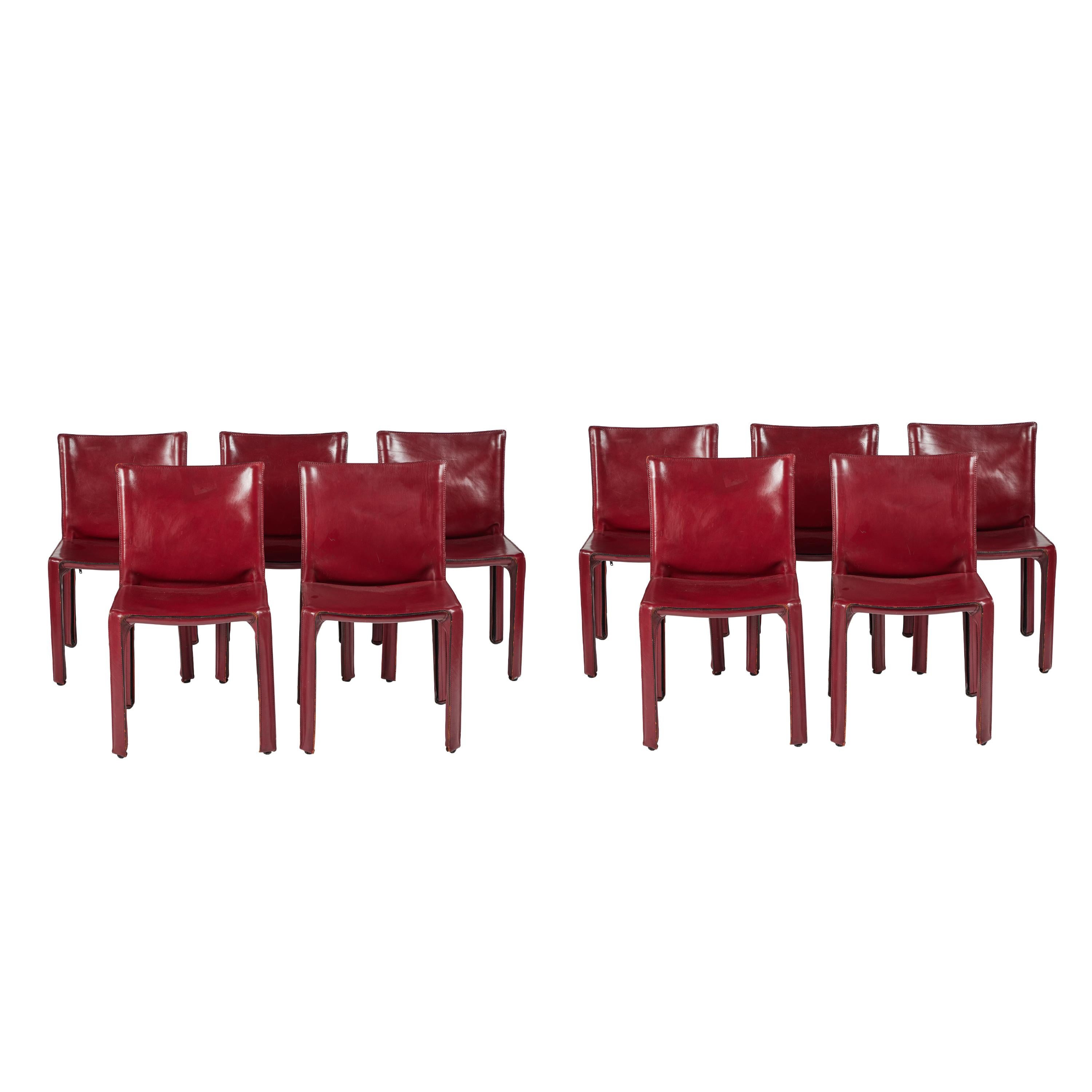 Set of 10 Burgundy Cab Dining Chairs by Mario Bellini for Cassina, 1977