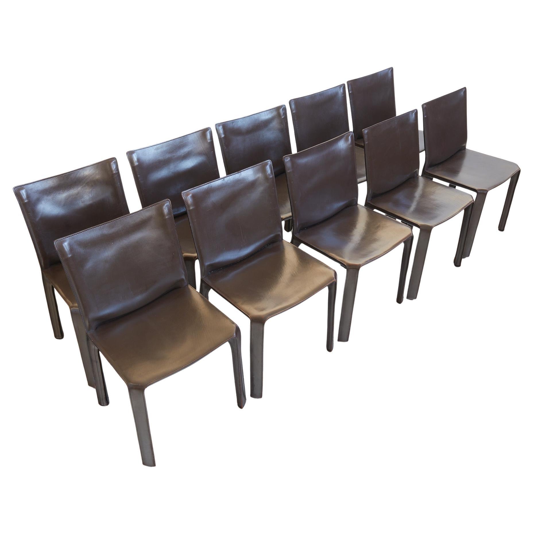 Lot de 10 chaises de salle à manger en cuir chocolat CAB 412 par Mario Bellini, Cassina 1980