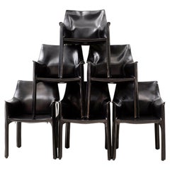 Set of 10 Cab Chairs by Mario Bellini, 6 Arm, 4 Side, in Black Leather, 1970s