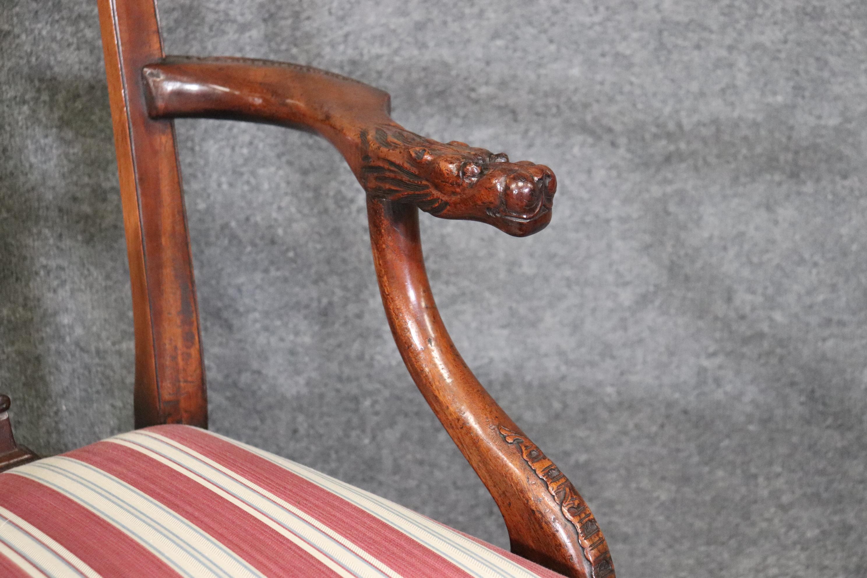 Set of 10 Carved Mahogany Chippendale Dining Chairs Dragon Face Arm Terminals For Sale 6