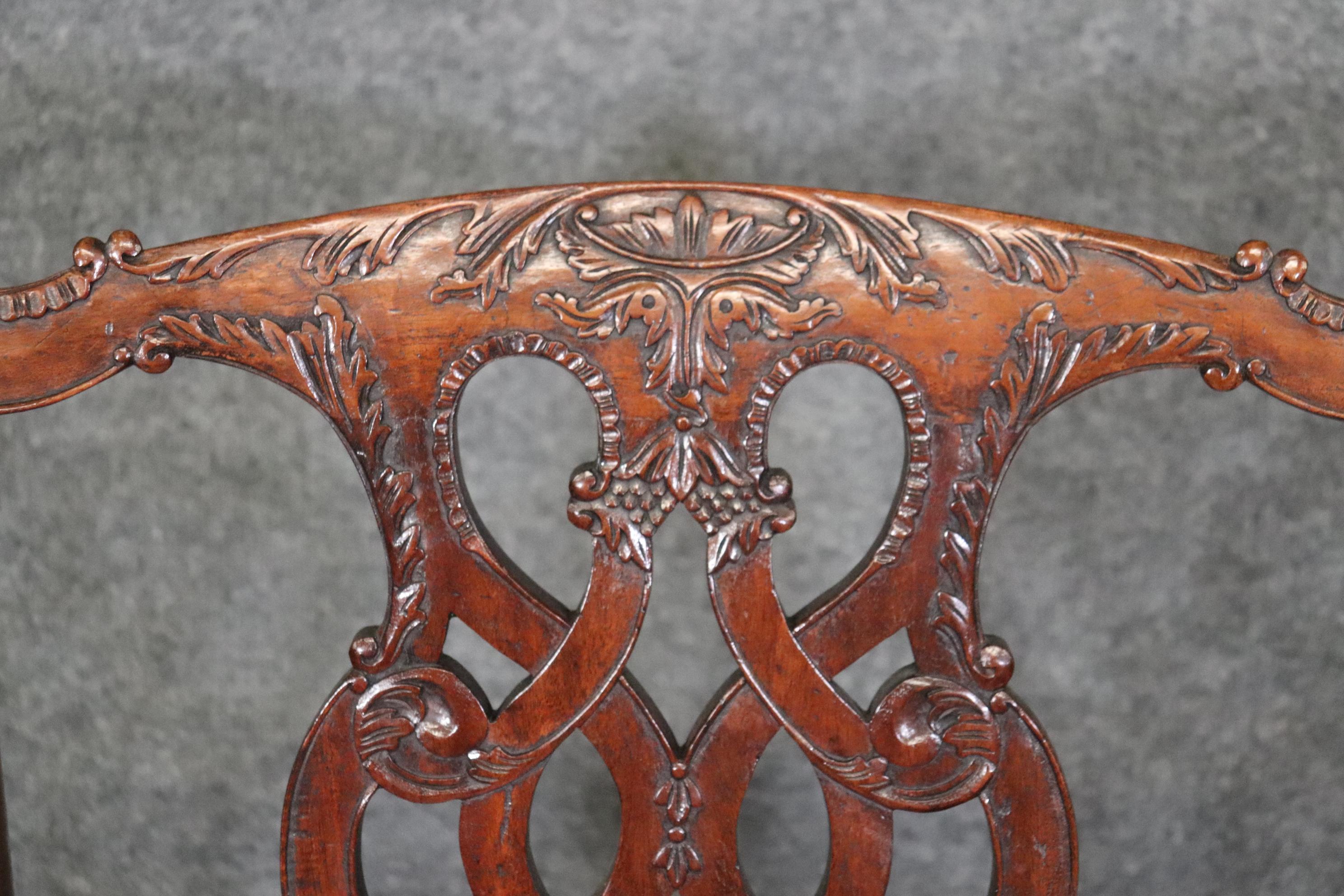 Set of 10 Carved Mahogany Chippendale Dining Chairs Dragon Face Arm Terminals For Sale 7