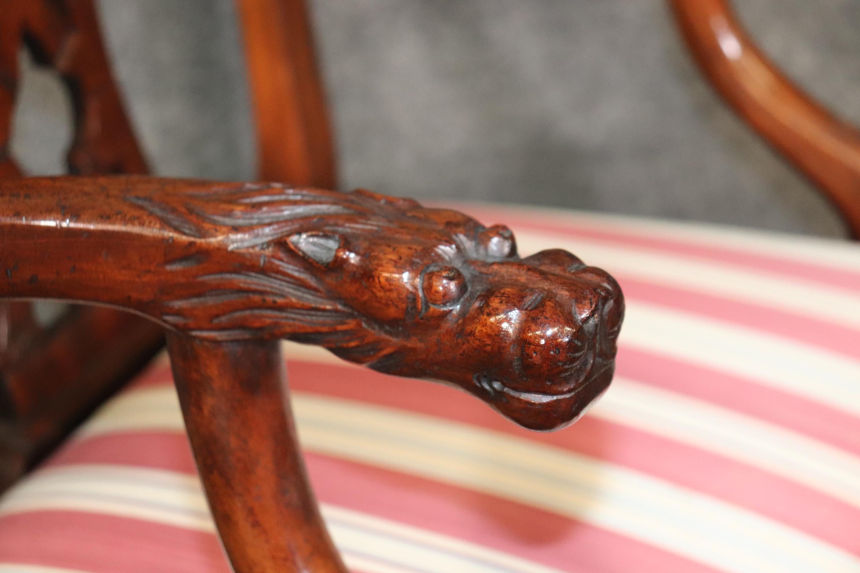 Unknown Set of 10 Carved Mahogany Chippendale Dining Chairs Dragon Face Arm Terminals For Sale