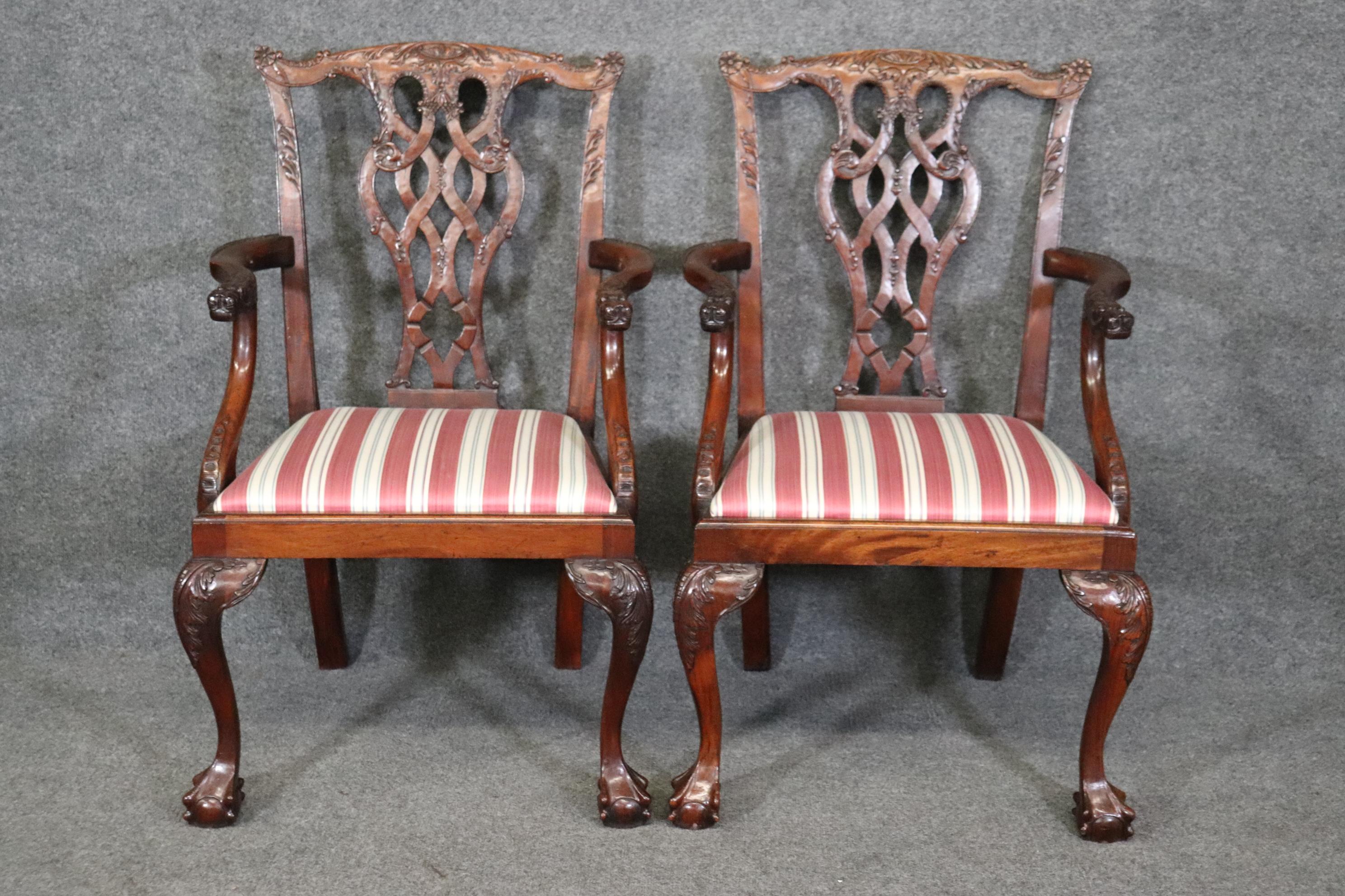 Contemporary Set of 10 Carved Mahogany Chippendale Dining Chairs Dragon Face Arm Terminals