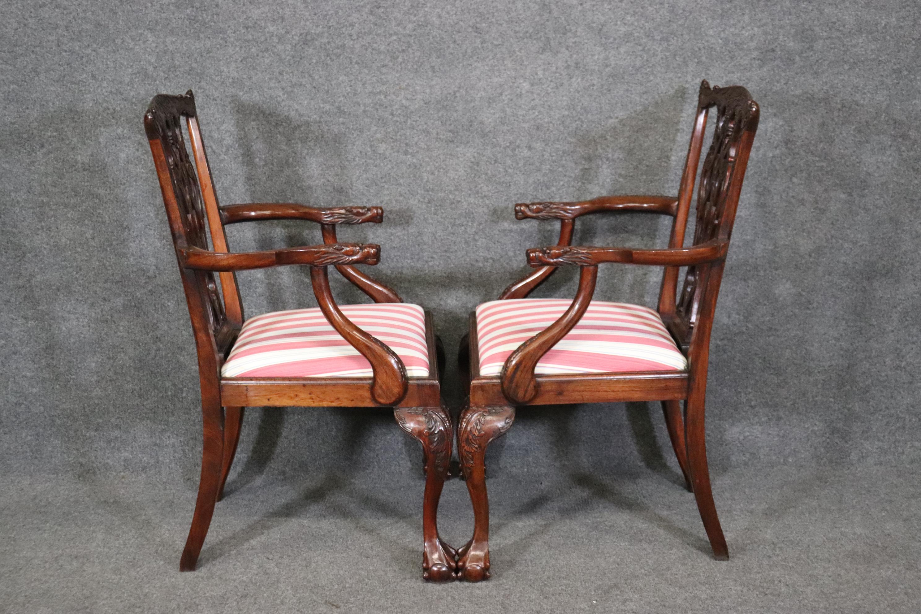 Set of 10 Carved Mahogany Chippendale Dining Chairs Dragon Face Arm Terminals 1