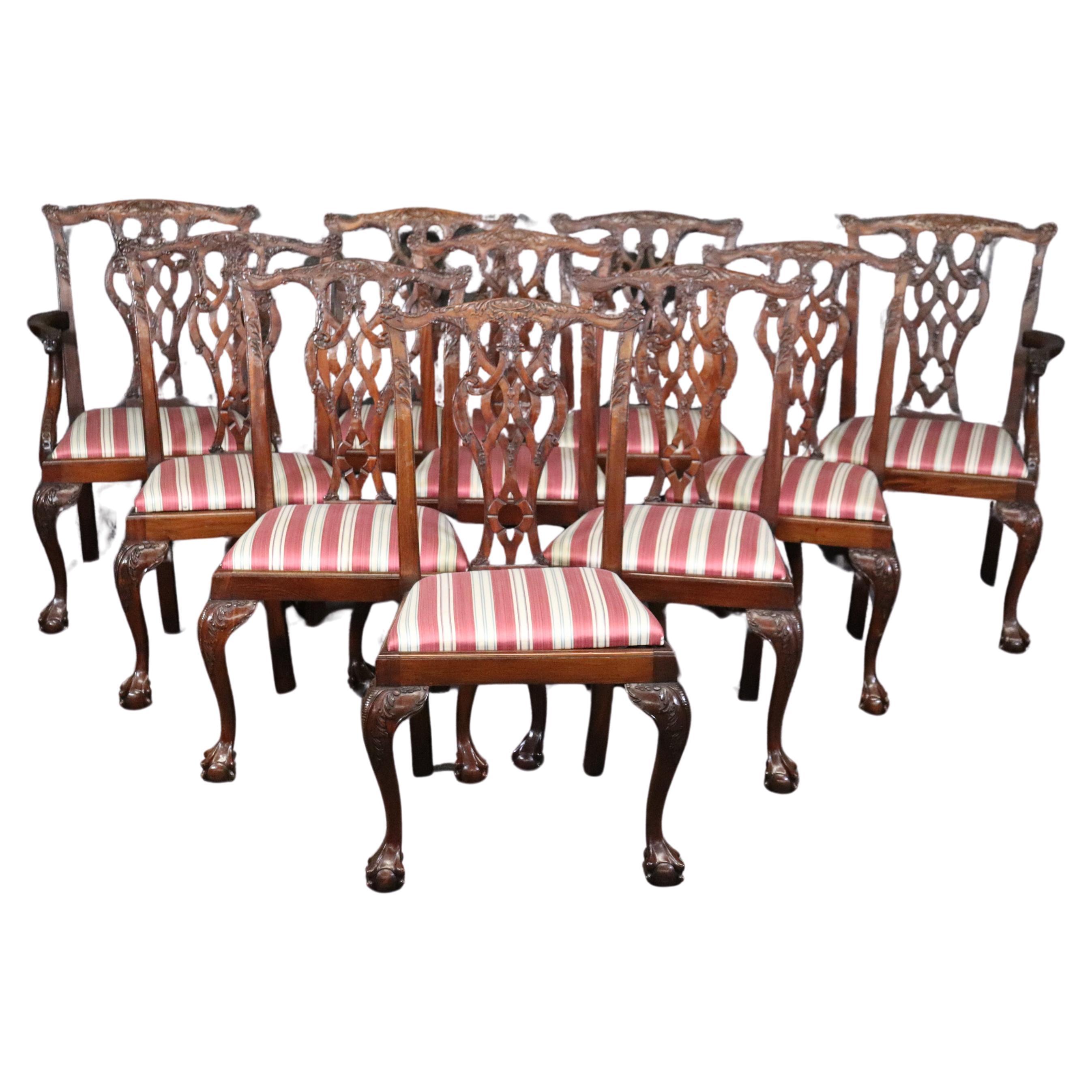 Set of 10 Carved Mahogany Chippendale Dining Chairs Dragon Face Arm Terminals For Sale