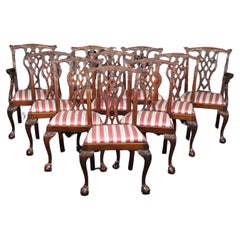 Used Set of 10 Carved Mahogany Chippendale Dining Chairs Dragon Face Arm Terminals