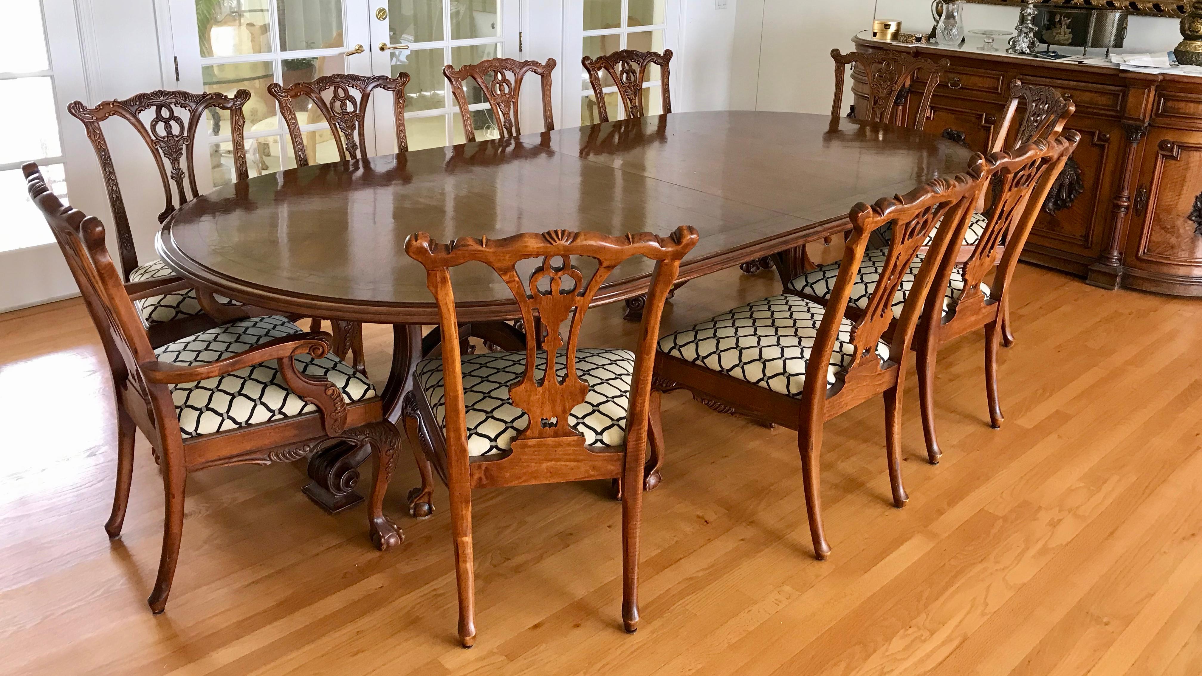 Upholstery Set of 10 Carved Mahogany Chippendale Style Dining Chairs