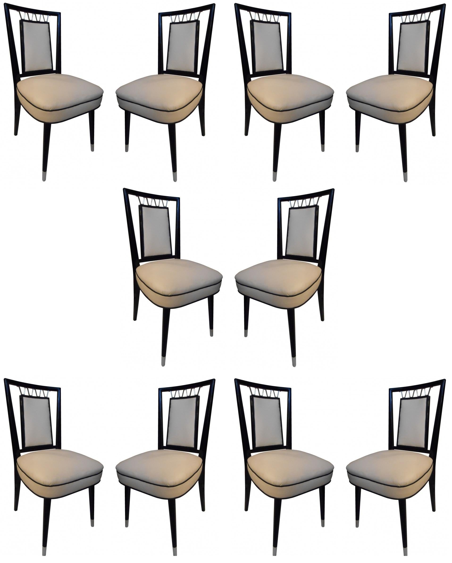Ensemble de 10 chaises 60° en cuir, bronze et bois, italien en vente 3