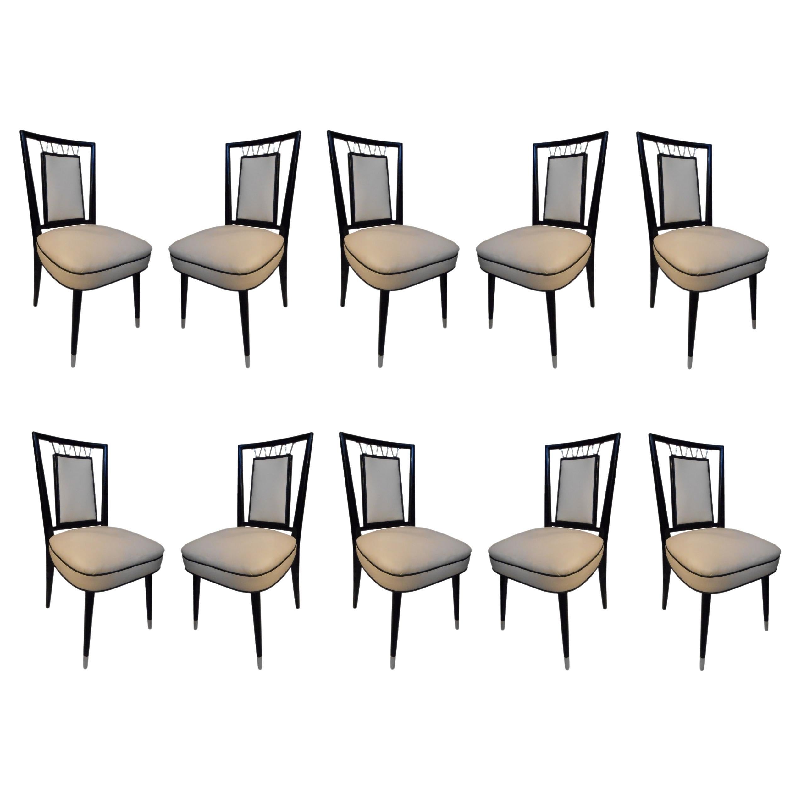 Ensemble de 10 chaises 60° en cuir, bronze et bois, italien