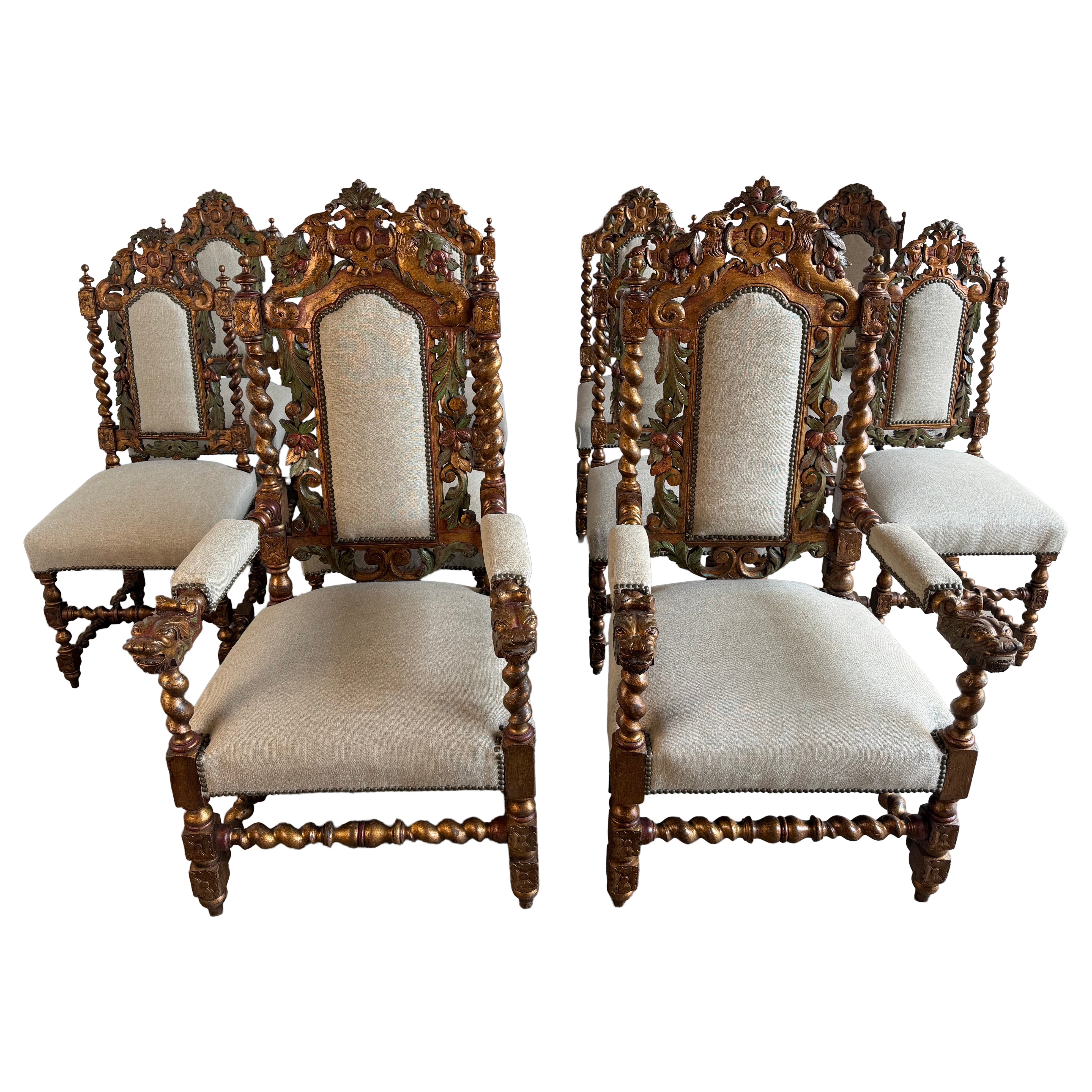 Set of 10 chairs Italian Renaissance Revival Polychrome Giltwood Dining Chairs For Sale