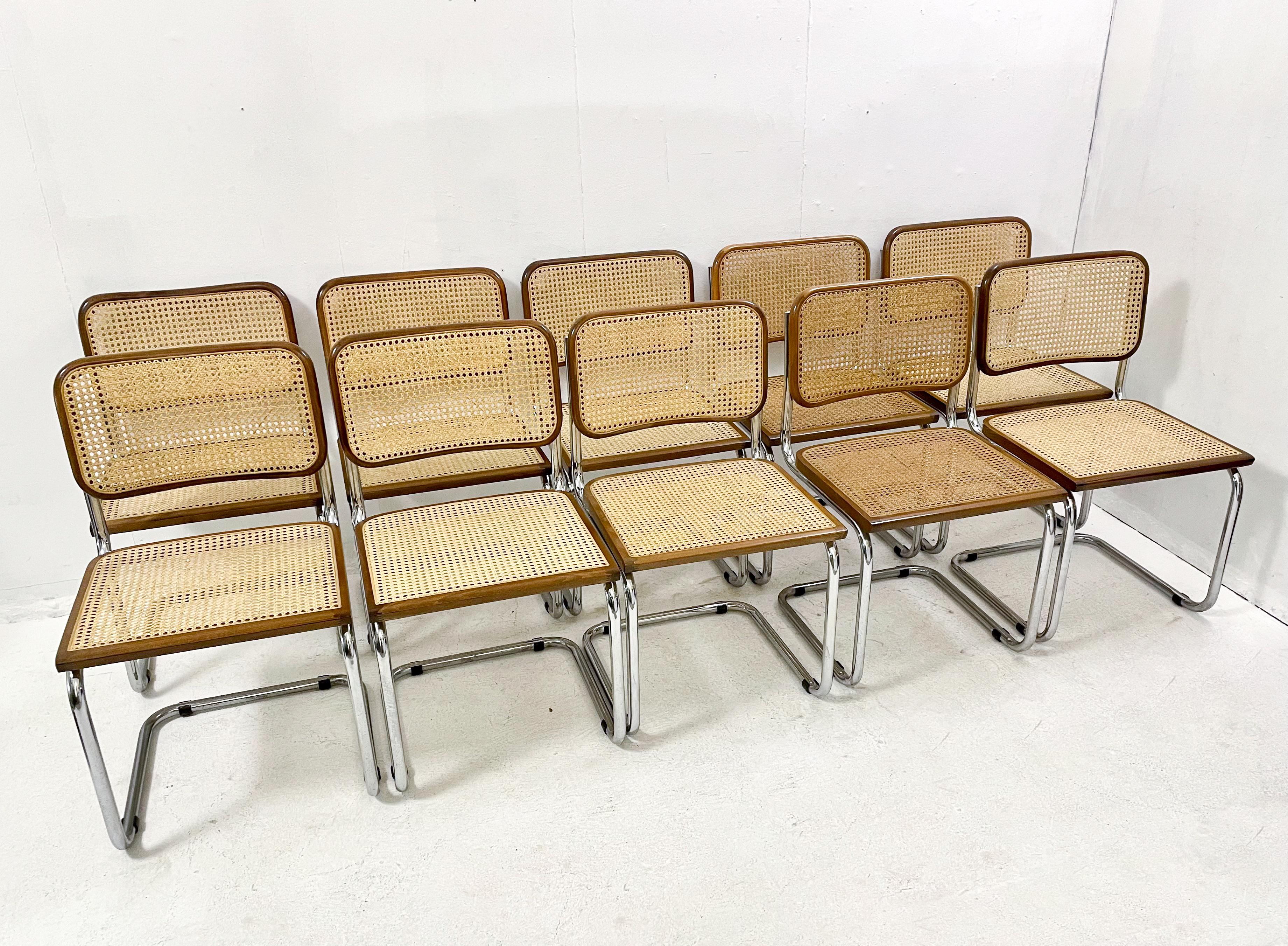 Set of 10 chairs, Marcel Breuer Style, Wood and Canework Italy, 1995.