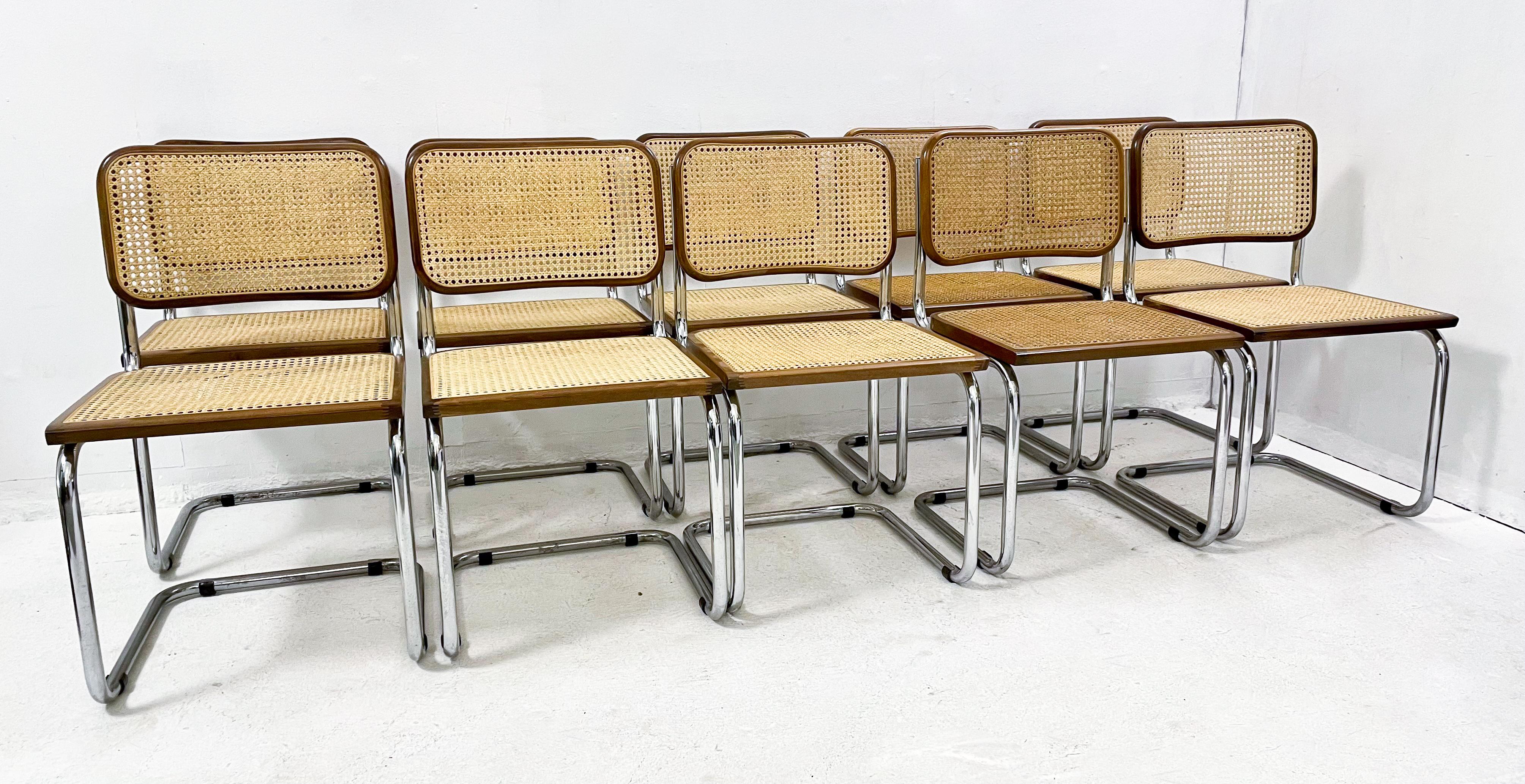 Mid-Century Modern Set of 10 Chairs, Marcel Breuer Style, Wood and Canework Italy, 1995