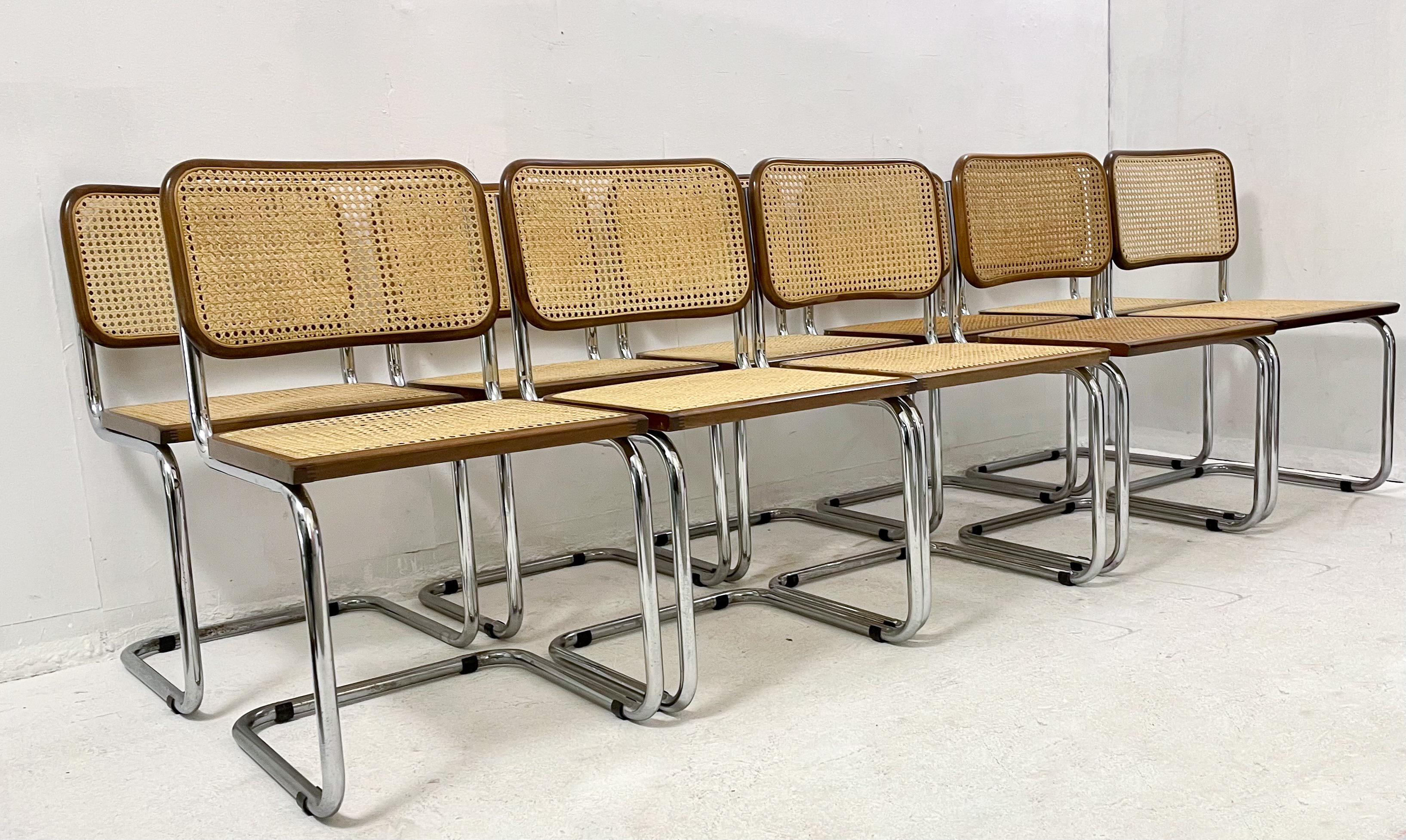 Italian Set of 10 Chairs, Marcel Breuer Style, Wood and Canework Italy, 1995