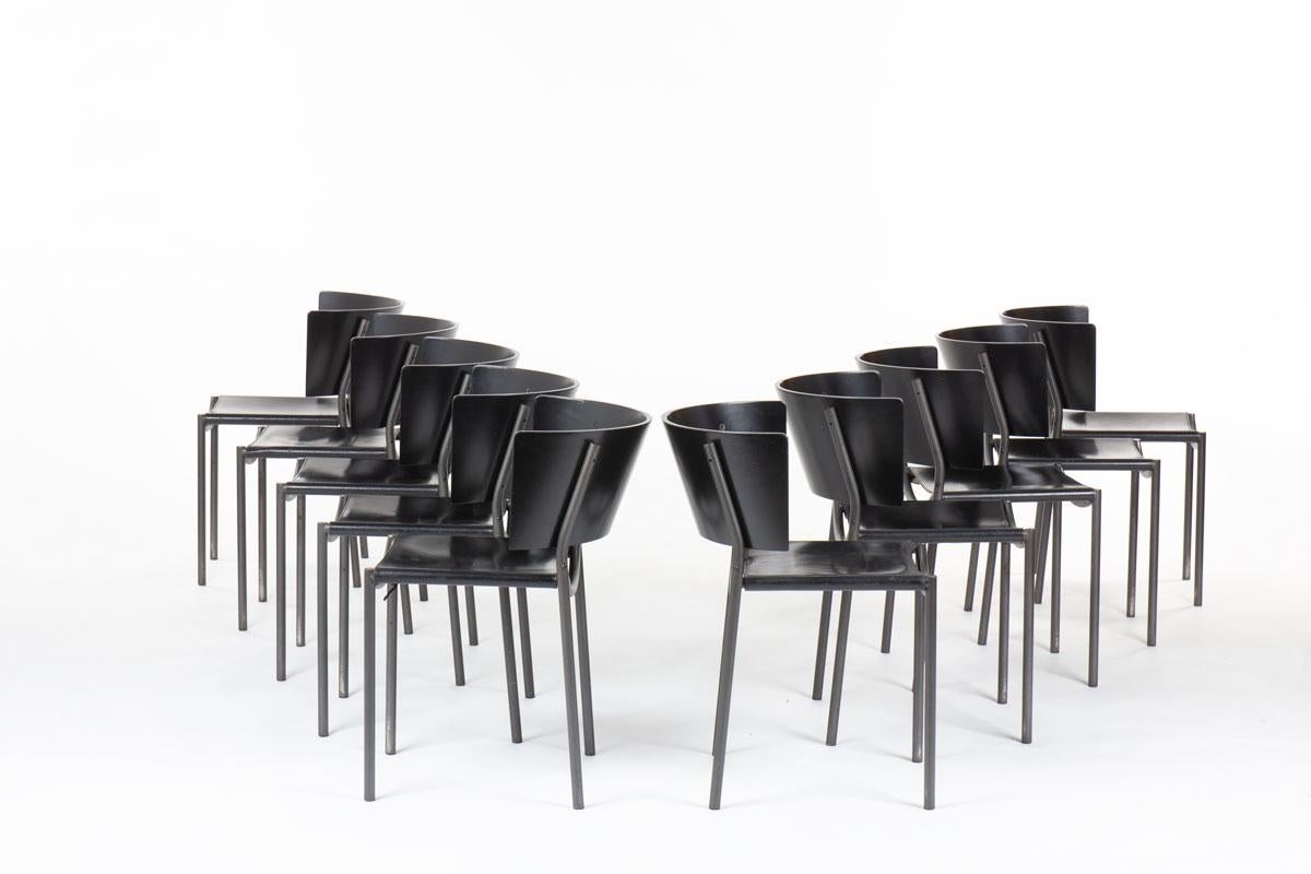 Set of 10 chairs designed by Philippe Starck, edited by XO (XO embossed on the chairs, see picture)
Lila Hunter model
Base: black tubular laquered metal
Seat: stretched black leather
Backrest: curved black wood
hint of rust on the structure of some