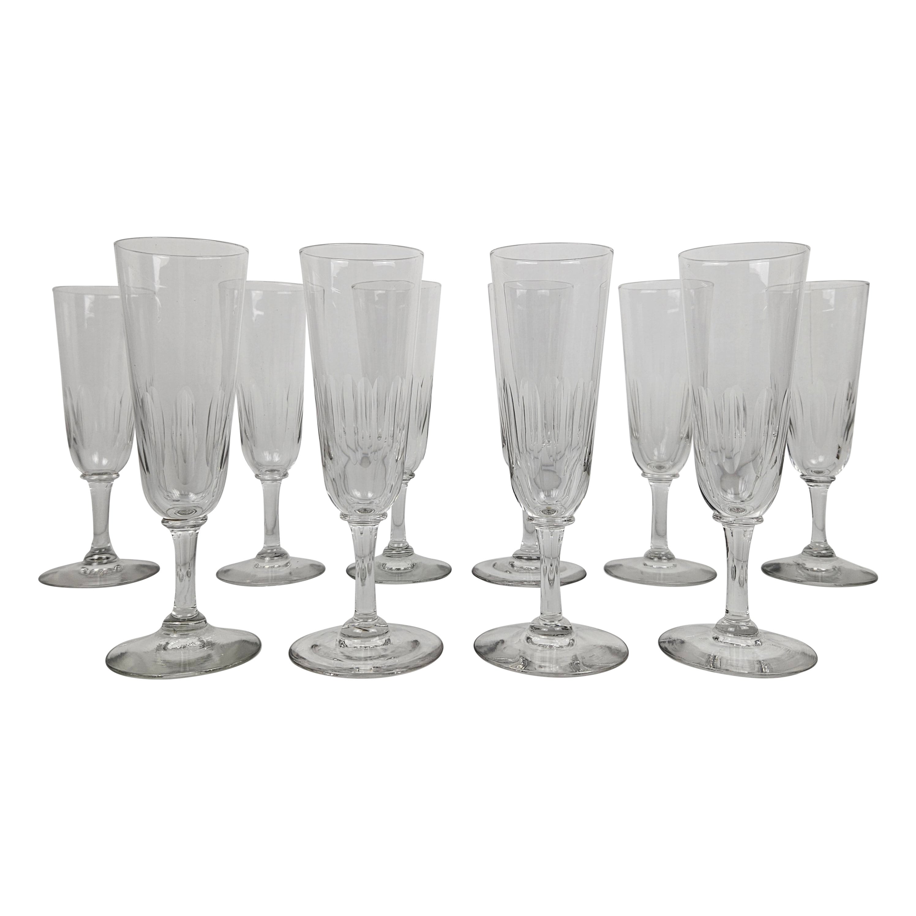 Set of 10 Charming French Hand-Blown Champagne Flutes, circa 1880