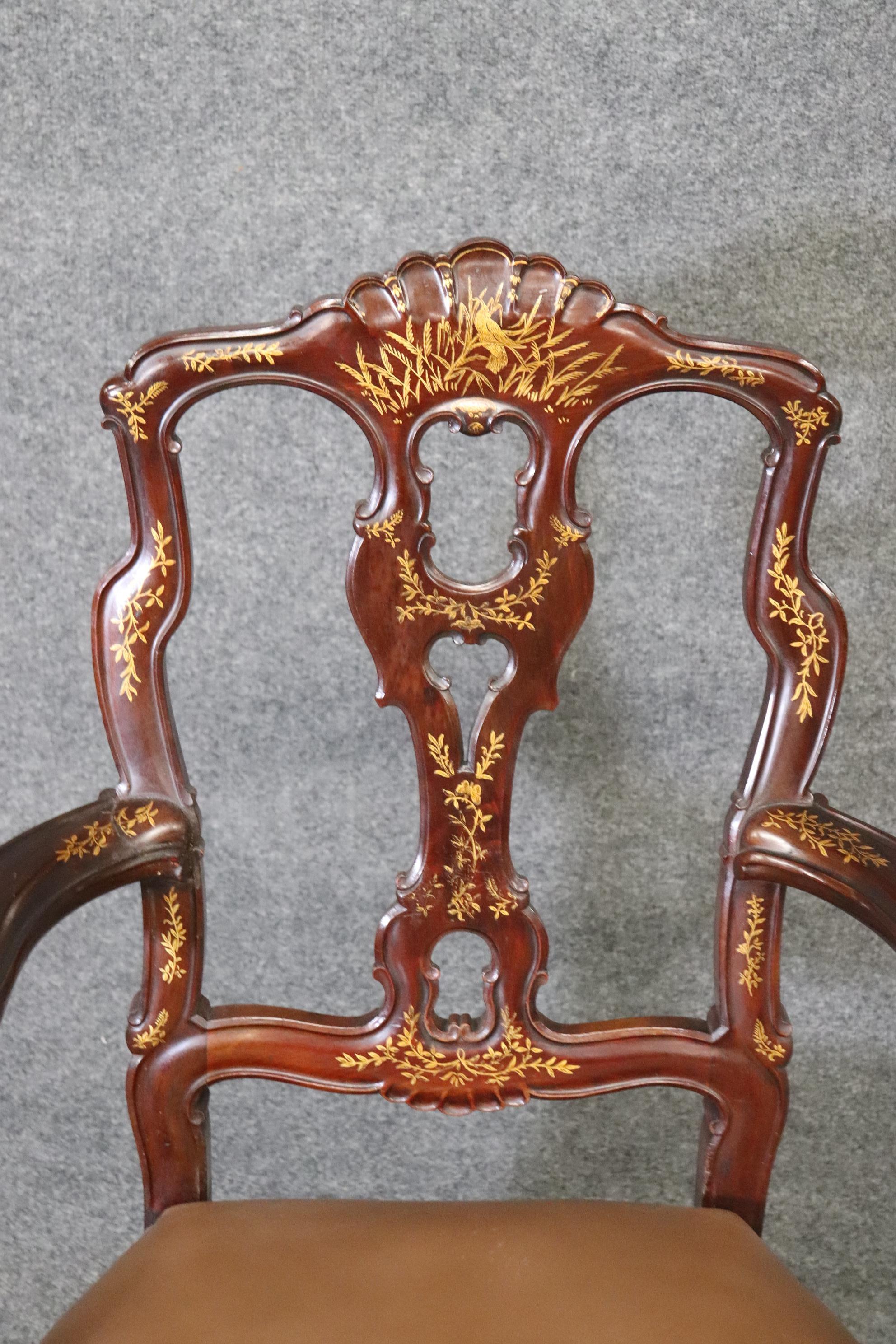 Mid-20th Century Set of 10 Chinoiserie Italian Rococo Style Bronze Leather Seats Dining Chairs 