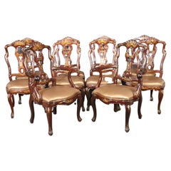 Antique Set of 10 Chinoiserie Italian Rococo Style Bronze Leather Seats Dining Chairs 