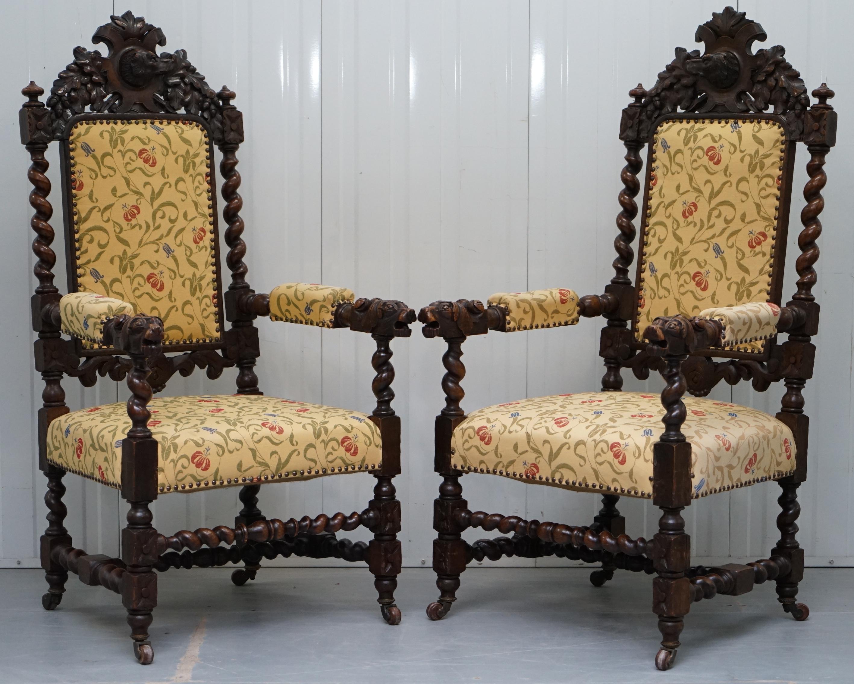 Set of 10, circa 1800 Oak Jacobean Style Dining Chairs with Dog Head Cresting 5