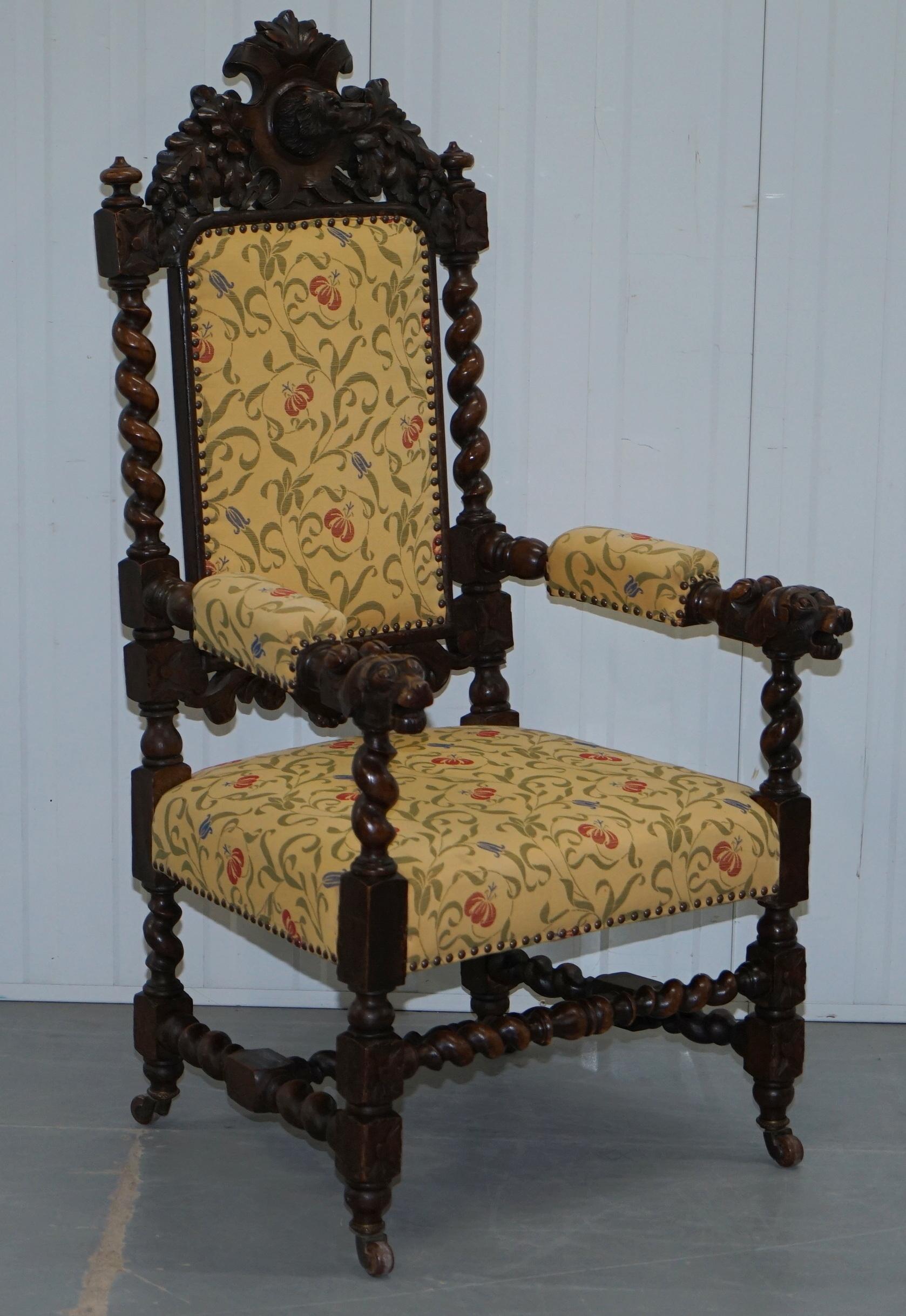 Set of 10, circa 1800 Oak Jacobean Style Dining Chairs with Dog Head Cresting 10