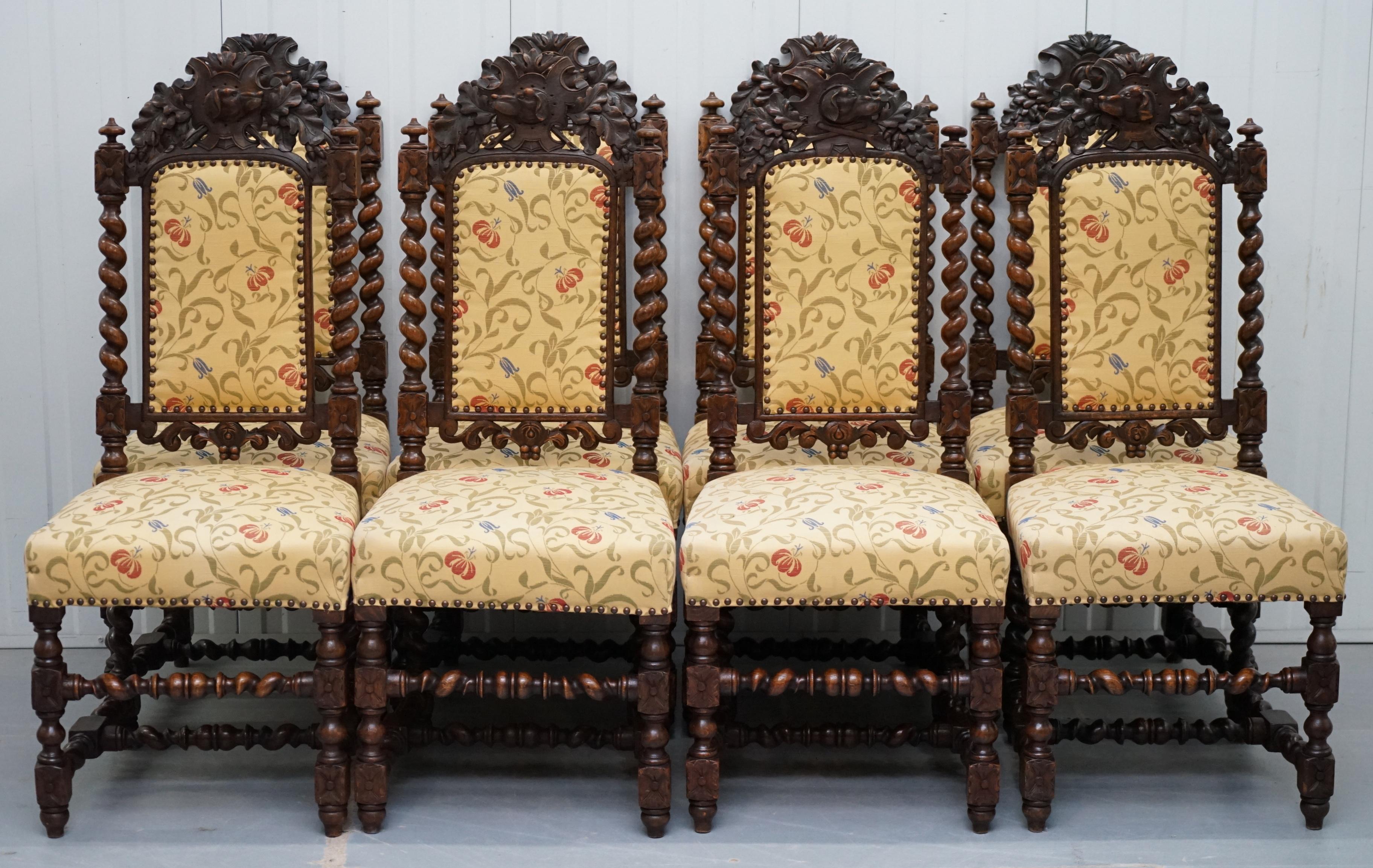 We are delighted to offer for sale this stunning set of 10 very rare hand carved from solid English oak Jacobean style dining chairs made, circa 1800

A very desirable set and rare to find 10 especially with two huge carver throne chairs like