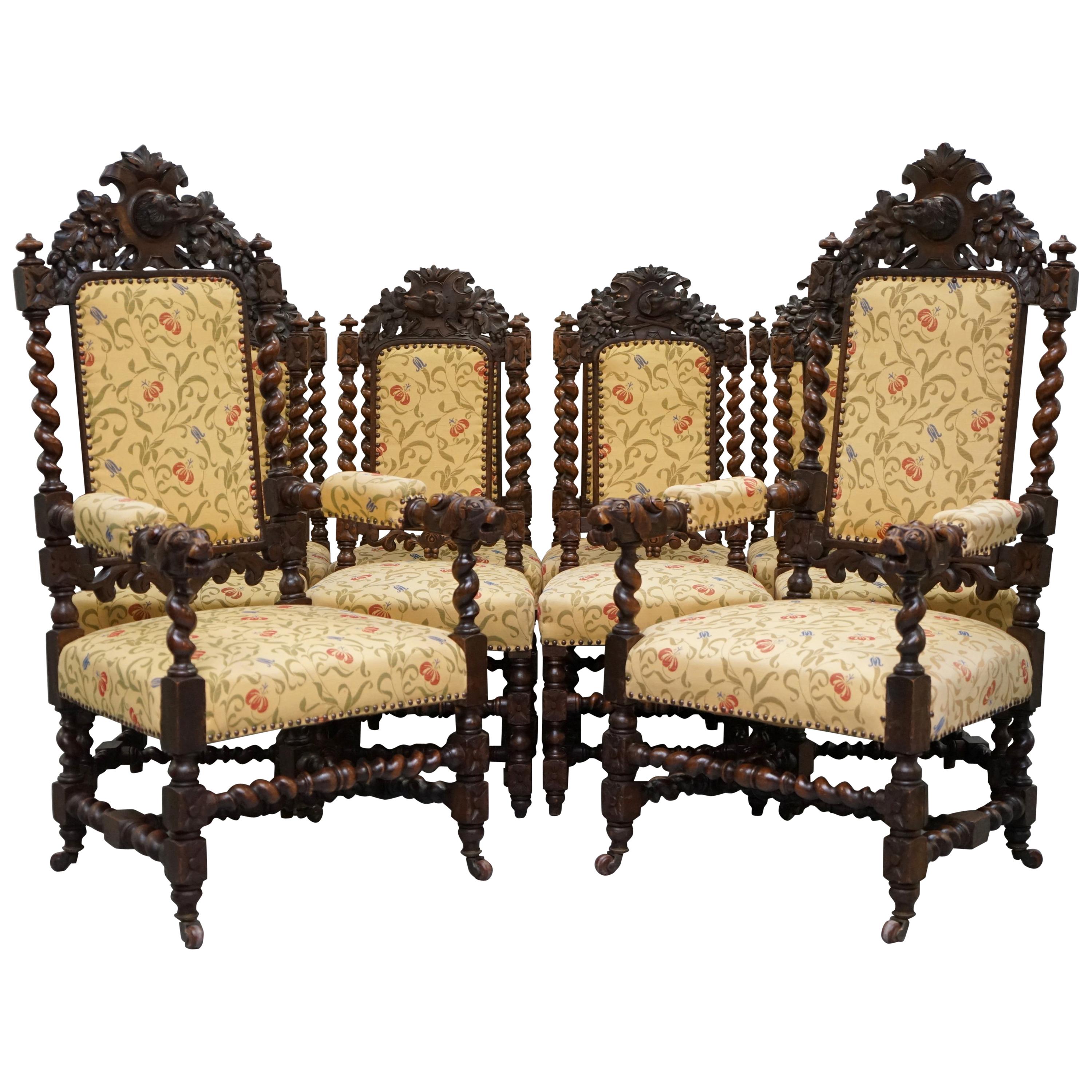 Set of 10, circa 1800 Oak Jacobean Style Dining Chairs with Dog Head Cresting