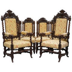 Antique Set of 10, circa 1800 Oak Jacobean Style Dining Chairs with Dog Head Cresting