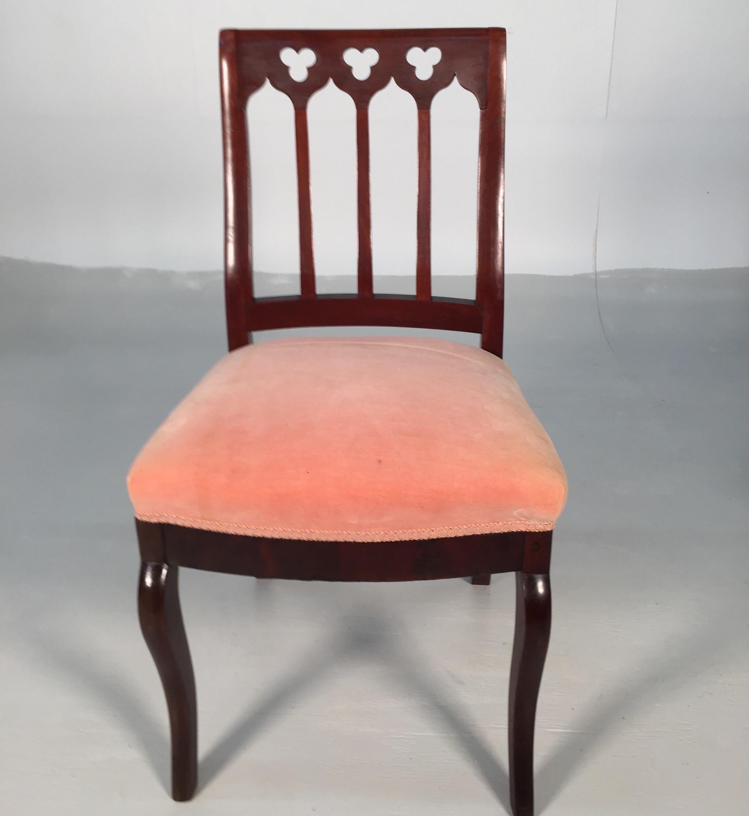 American Set of 10, circa 1850s Gothic Revival Upholstered Dining Chairs, by John Jelliff