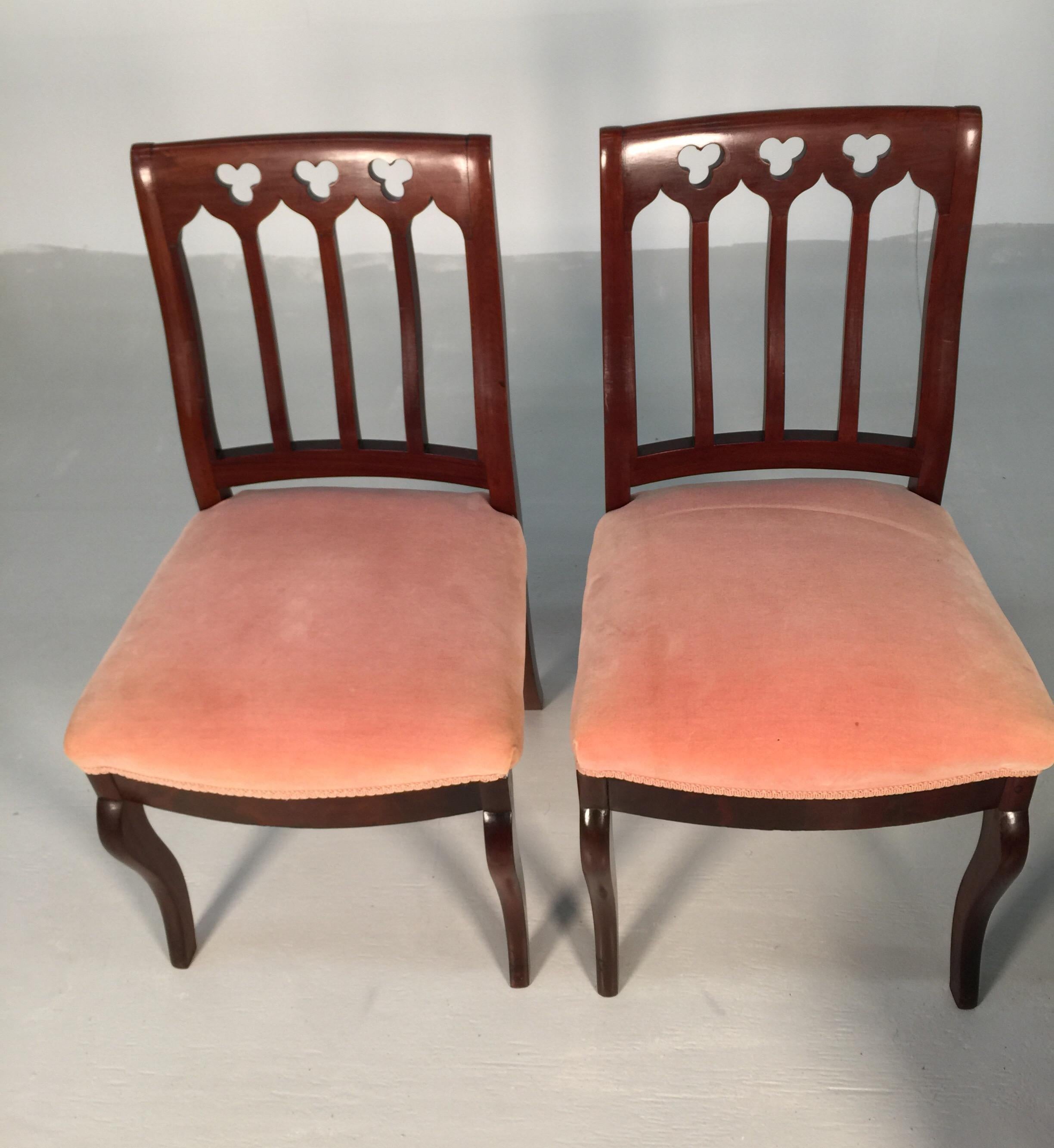 Mid-19th Century Set of 10, circa 1850s Gothic Revival Upholstered Dining Chairs, by John Jelliff