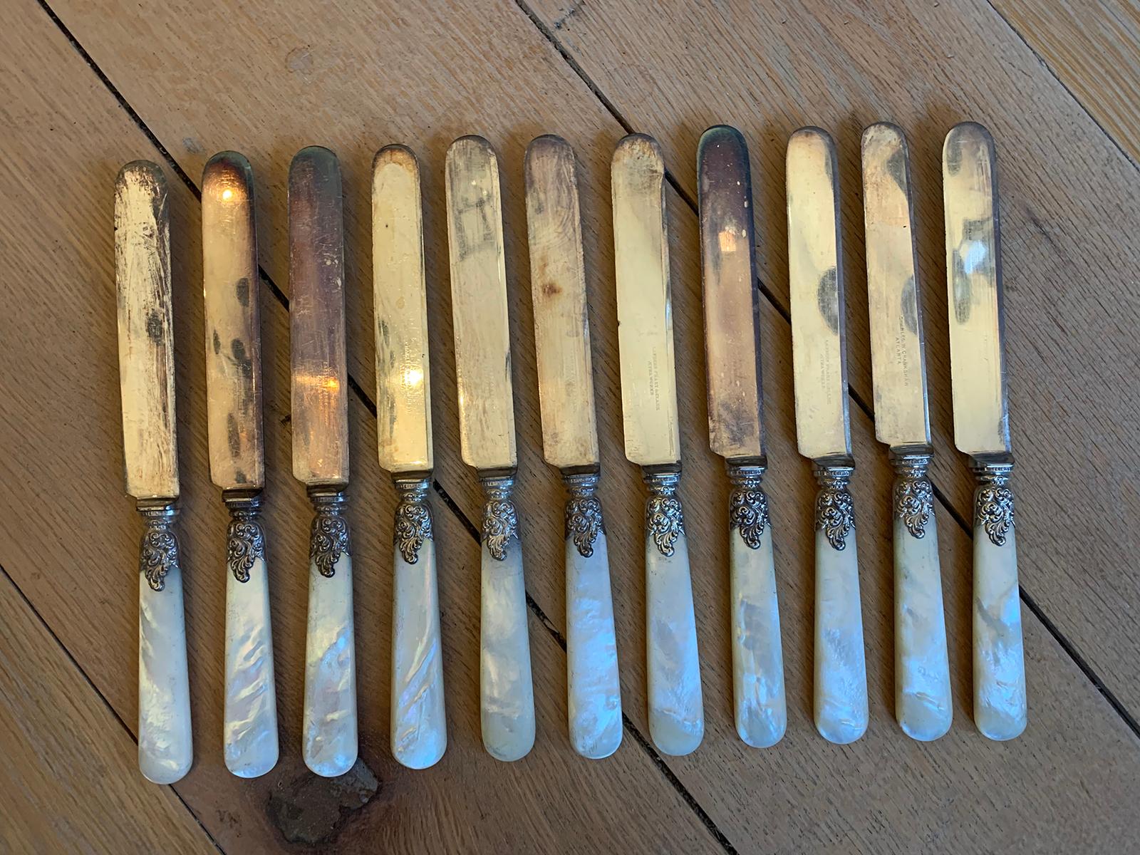 Set of 10 19th century circa 1860s American sterling silver & mother of pearl fruit knives by Landers, Frary & Clark Aetna Works and by Charles Crankshaw Atlanta, All Marked.
Includes an extra (11 knives total, 9 by Landers, 2 by Crankshaw).