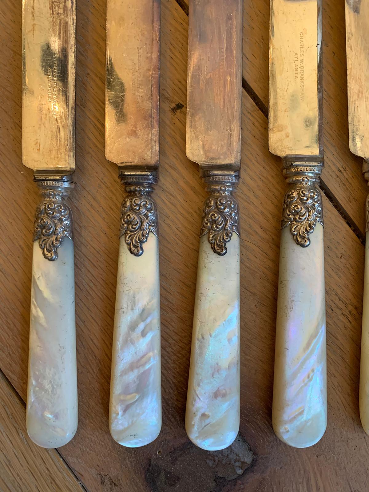 19th Century Set of 10 circa 1860s American Sterling Silver and Mother of Pearl Fruit Knives