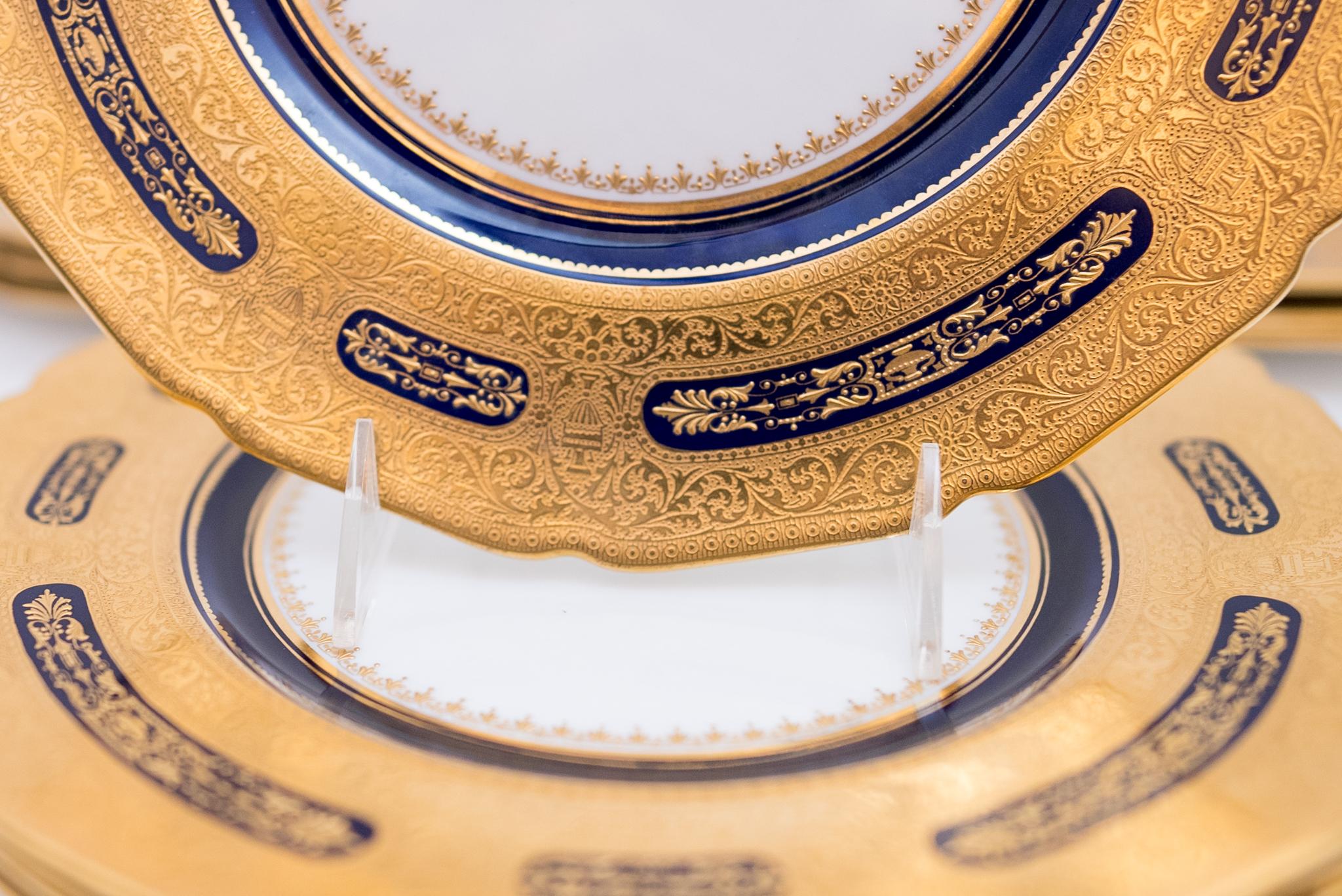 Hand-Crafted Set of 10 Cobalt Blue & Gilt Encrusted Dinner Plates, Antique Custom Ordered