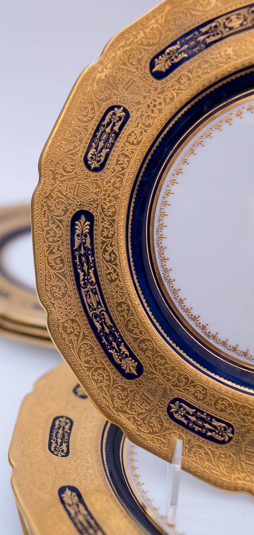Gold Set of 10 Cobalt Blue & Gilt Encrusted Dinner Plates, Antique Custom Ordered