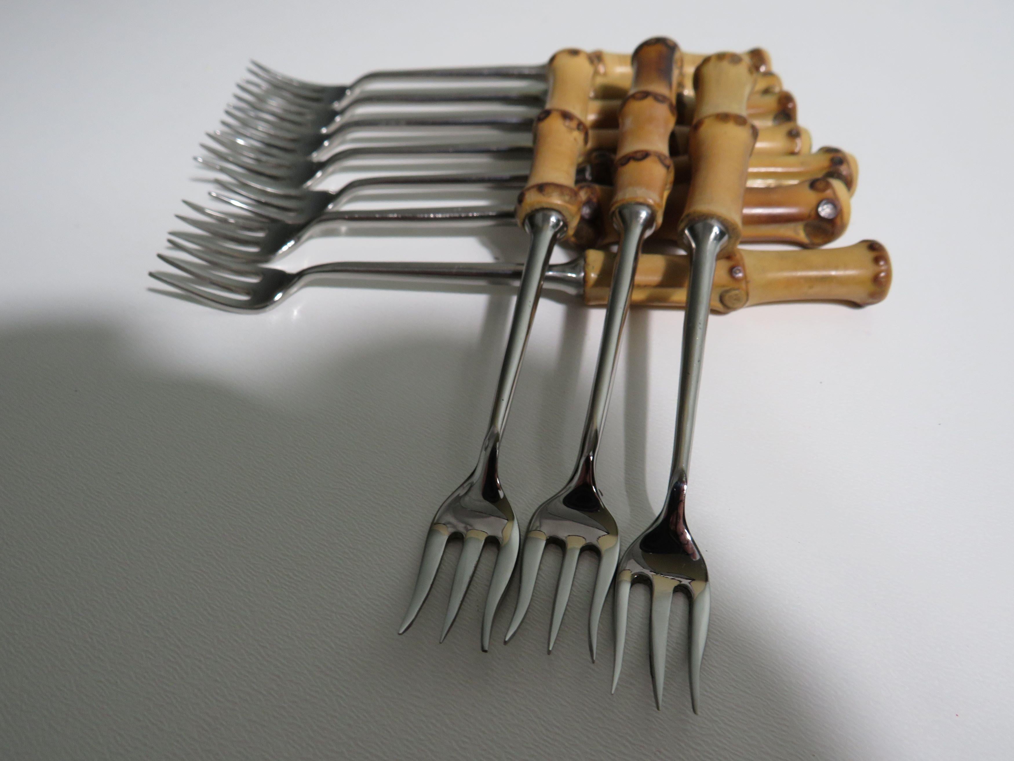 Stainless Steel Set of 10 cocktail or pickle forks with bamboo handles, Germany 1950s For Sale