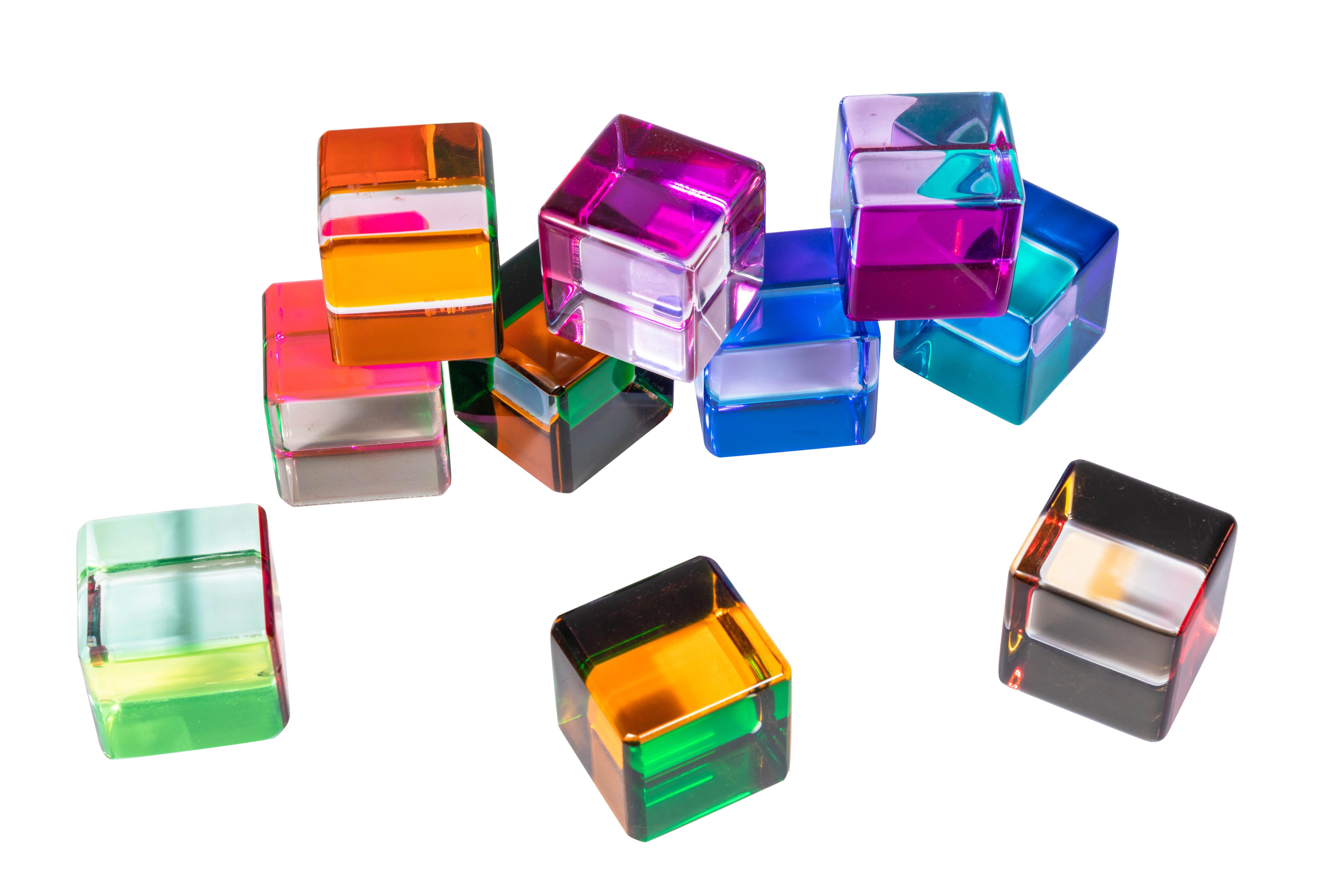 Fun, set of ten multicolored acrylic cubes by artist Vasa Mihich. Each cube side features different sheer neon colors. Can be displayed in endless variations.