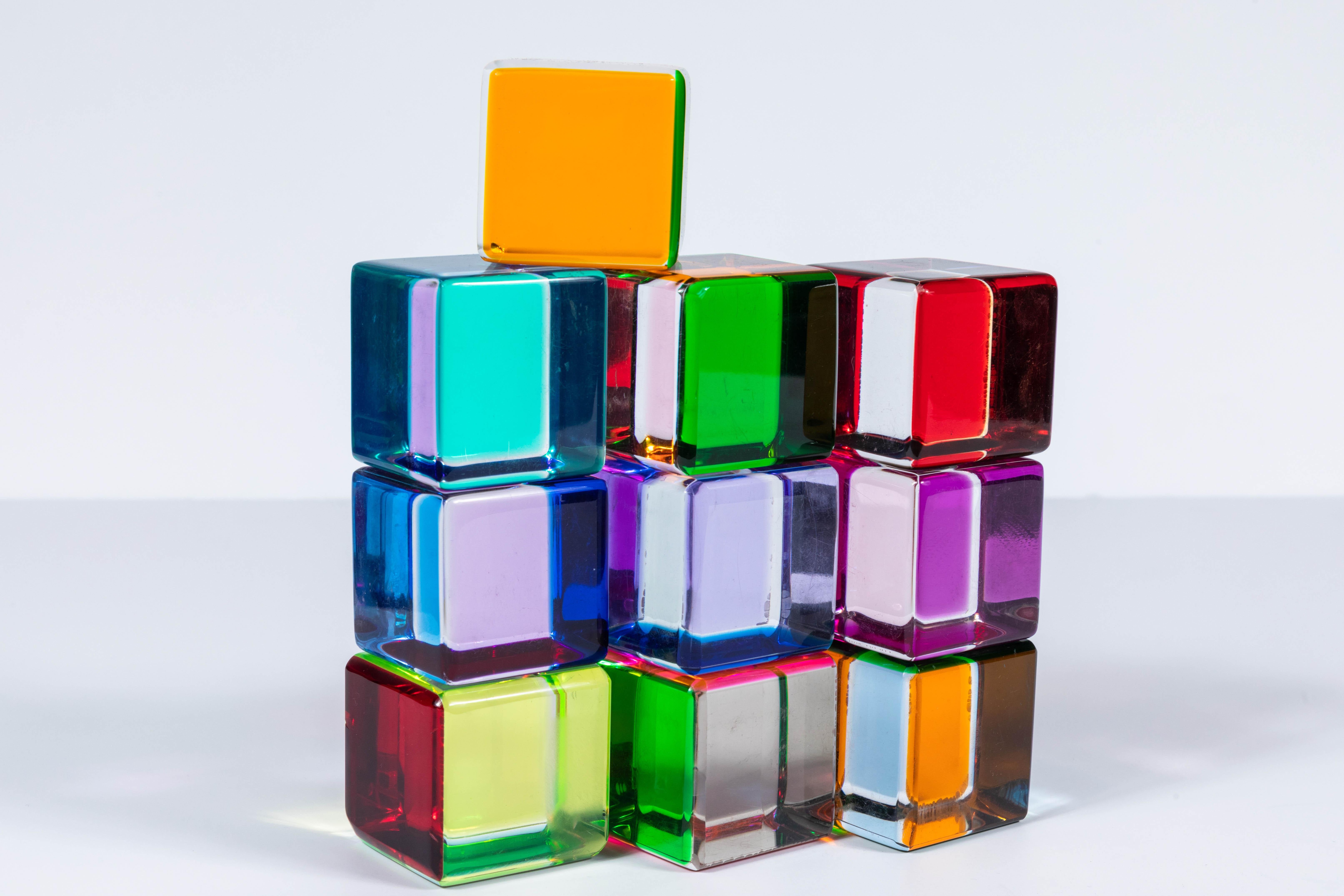 Late 20th Century Set of 10 Colored Lucite Cubes by Vasa Mihich