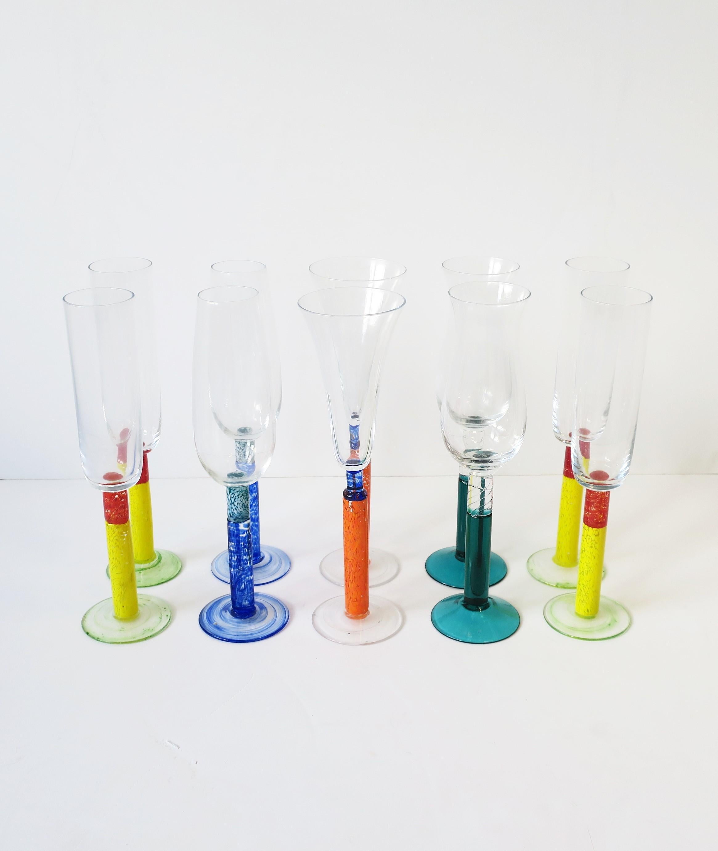Post-Modern Postmodern Colorful Art Glass Champagne Flute Glasses