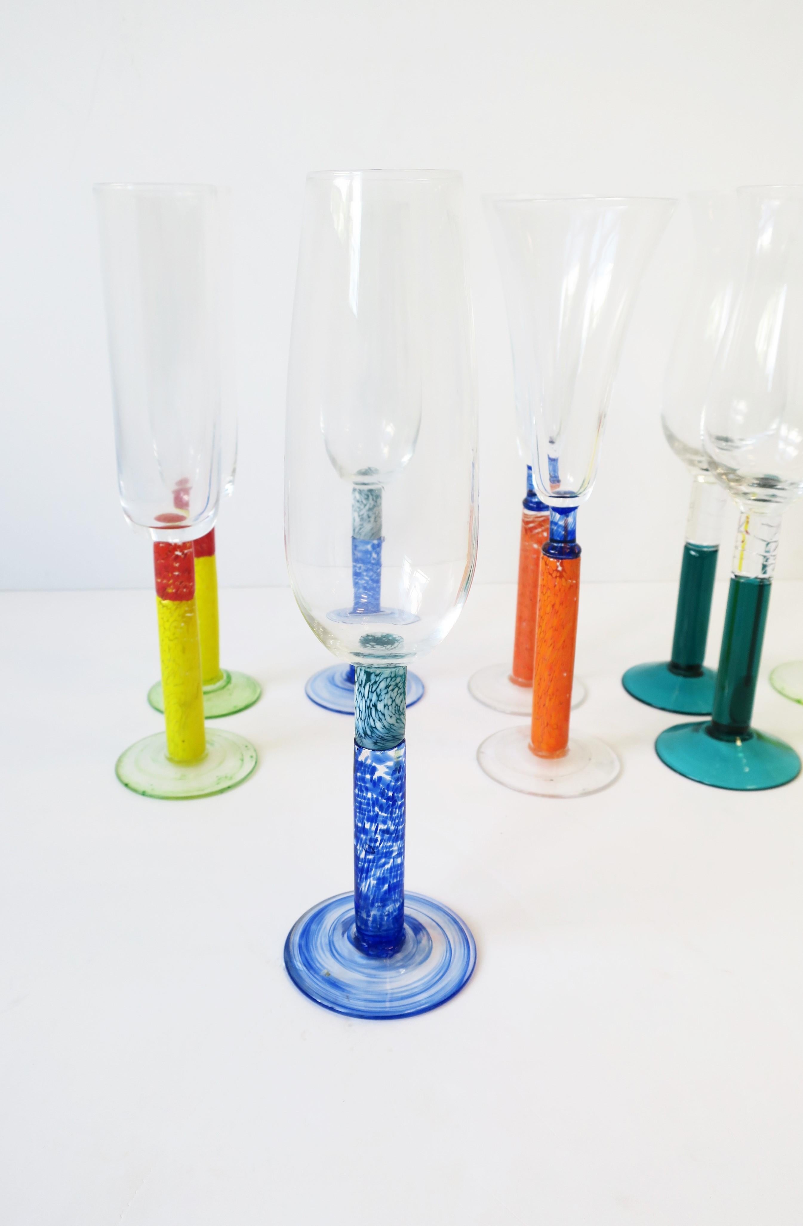20th Century Postmodern Colorful Art Glass Champagne Flute Glasses