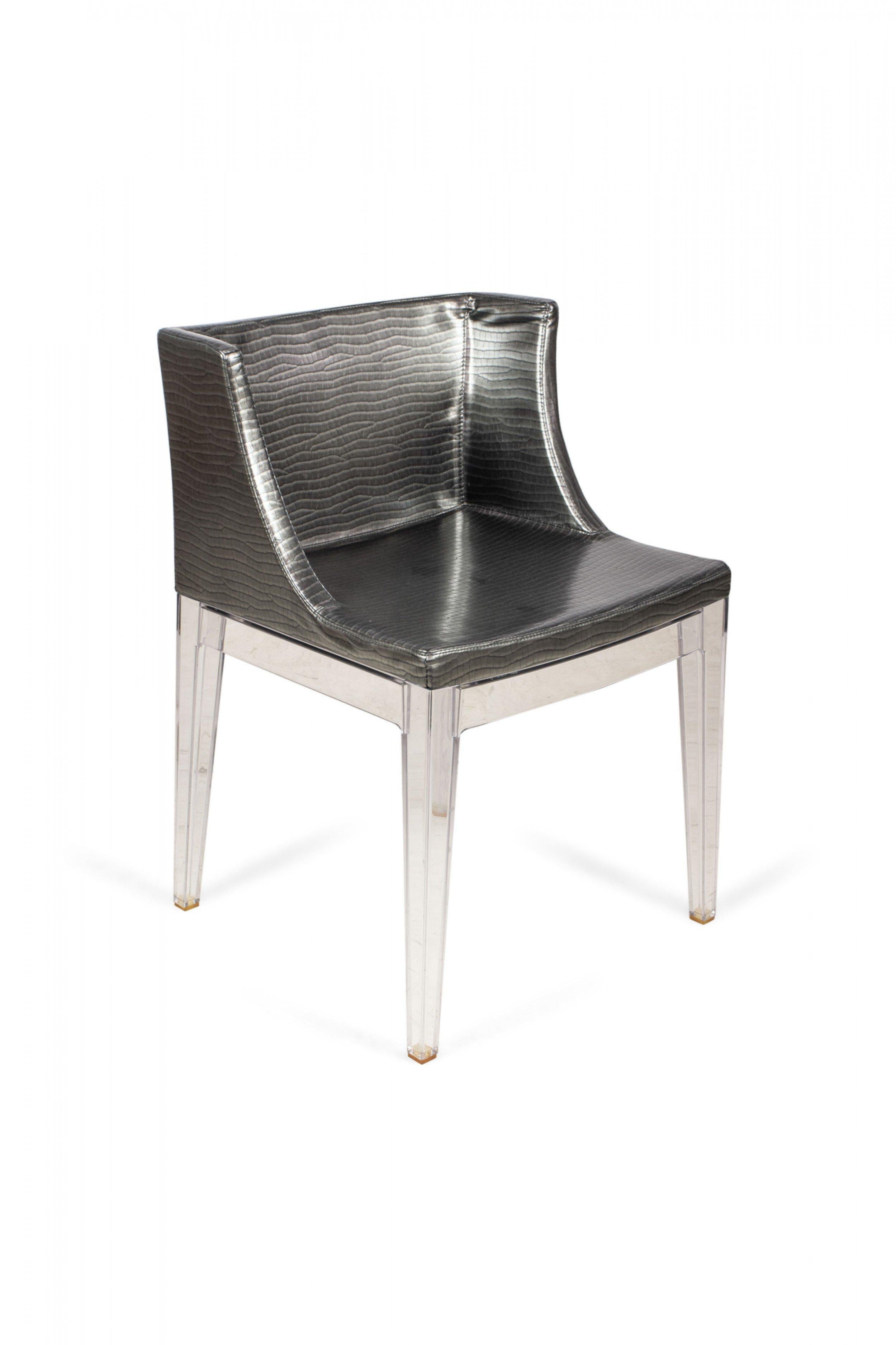 Set of 10 Contemporary Kartell Mademoiselle dining chairs, with a faux crocodile pattern polyurethane fabric covered seat, and polycarbonate (Lucite) legs. (Designer: PHILIPPE STARCK) (PRICED AS SET)
 
 (PRICED AS SET).